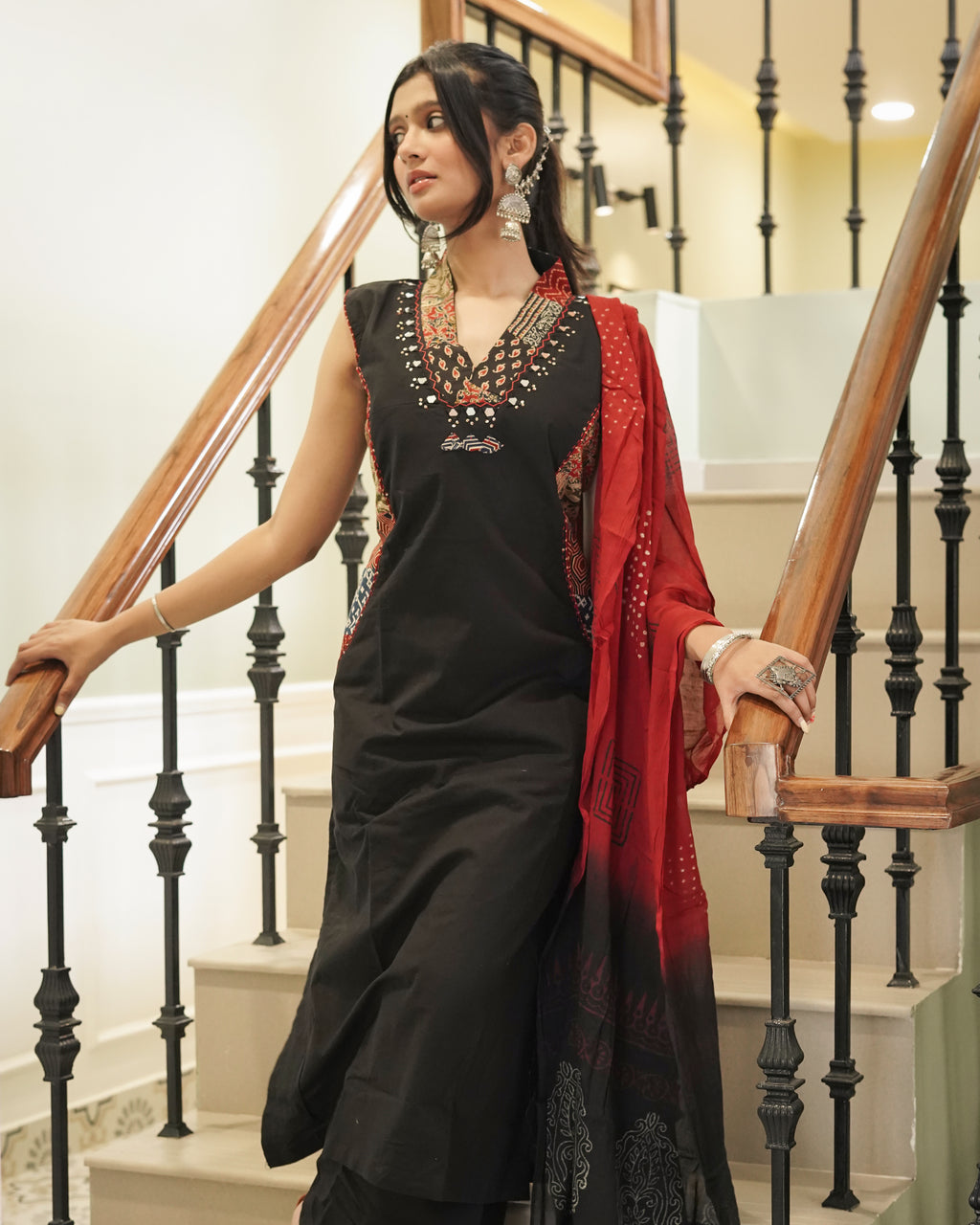 Black Cotton Kurta with Block Print Side Panels & Wide-Leg Palazzo Set | Jaipur Trendz