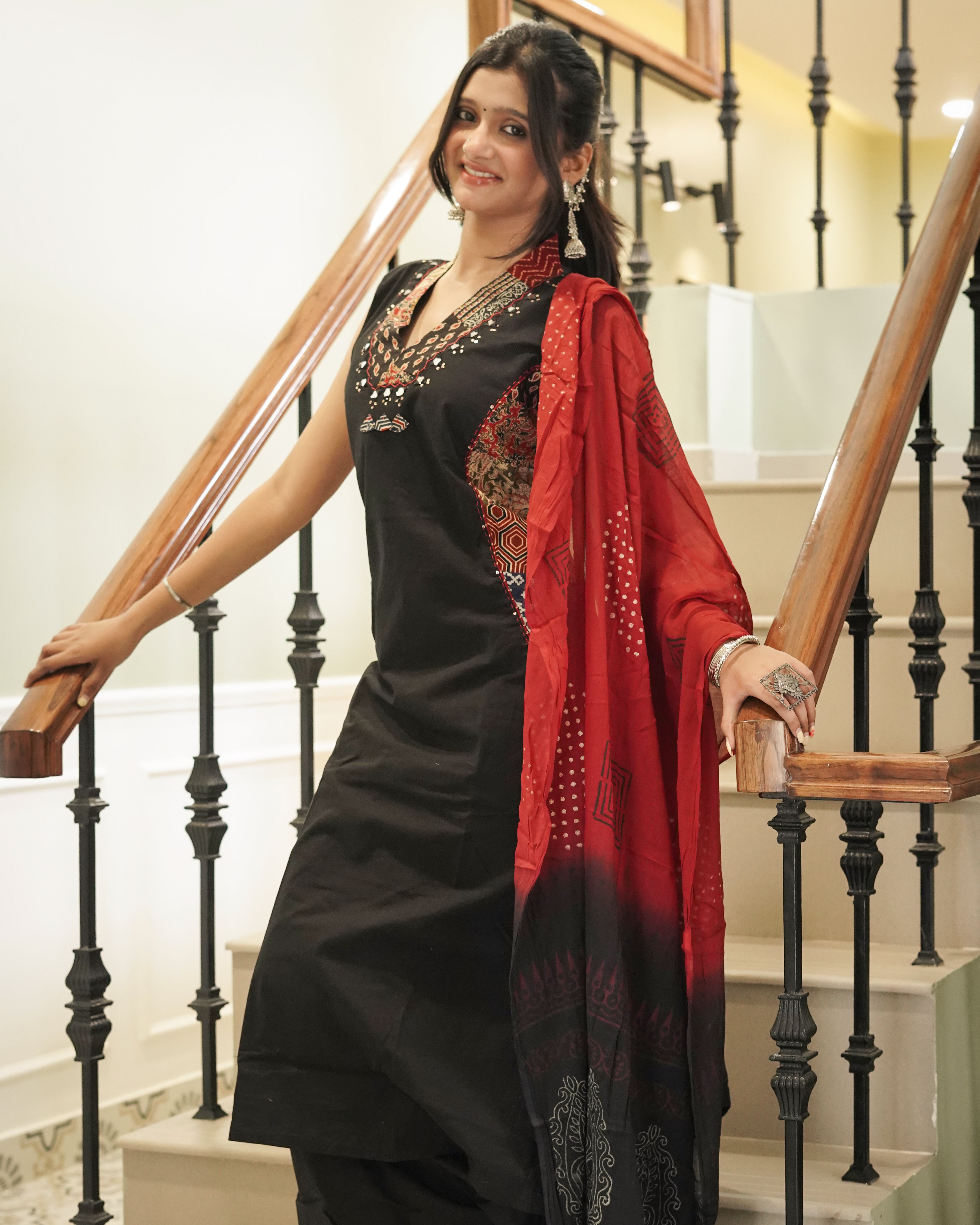 Black Cotton Kurta with Block Print Side Panels & Wide-Leg Palazzo Set | Jaipur Trendz
