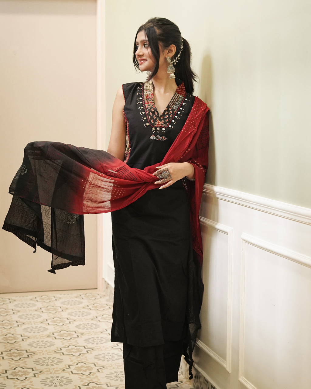 Black Cotton Kurta with Block Print Side Panels & Wide-Leg Palazzo Set | Jaipur Trendz