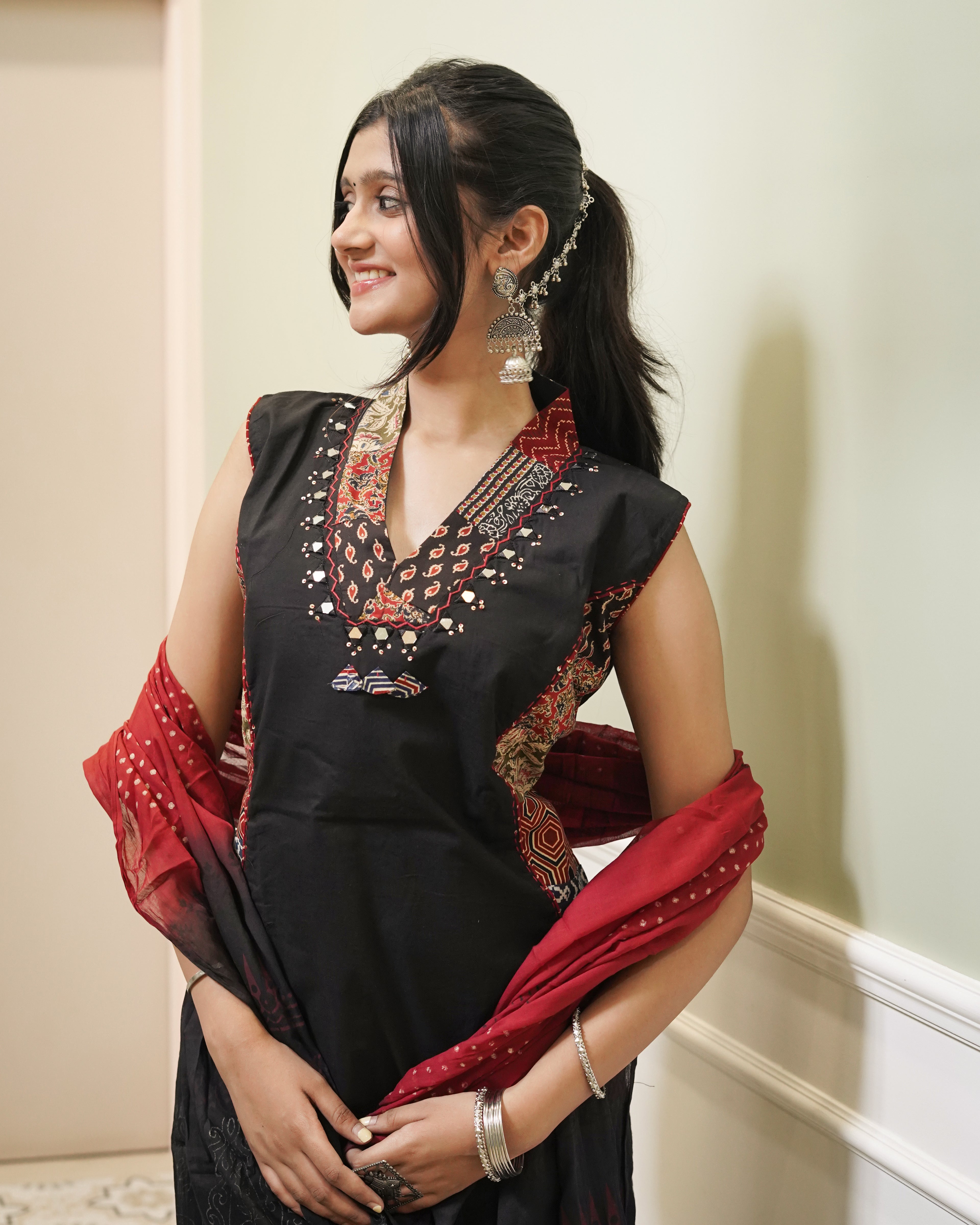 Black Cotton Kurta with Block Print Side Panels & Wide-Leg Palazzo Set | Jaipur Trendz