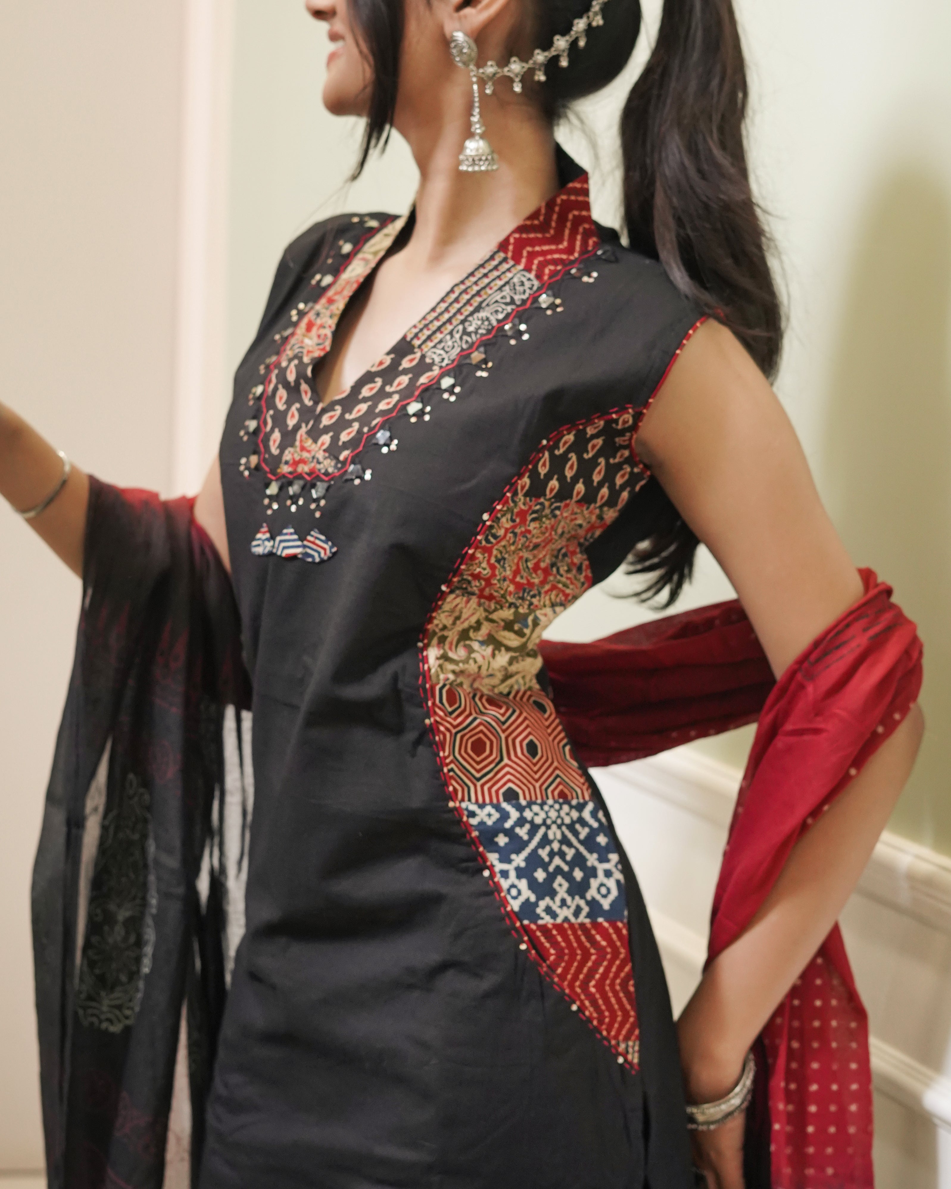 Black Cotton Kurta with Block Print Side Panels & Wide-Leg Palazzo Set | Jaipur Trendz