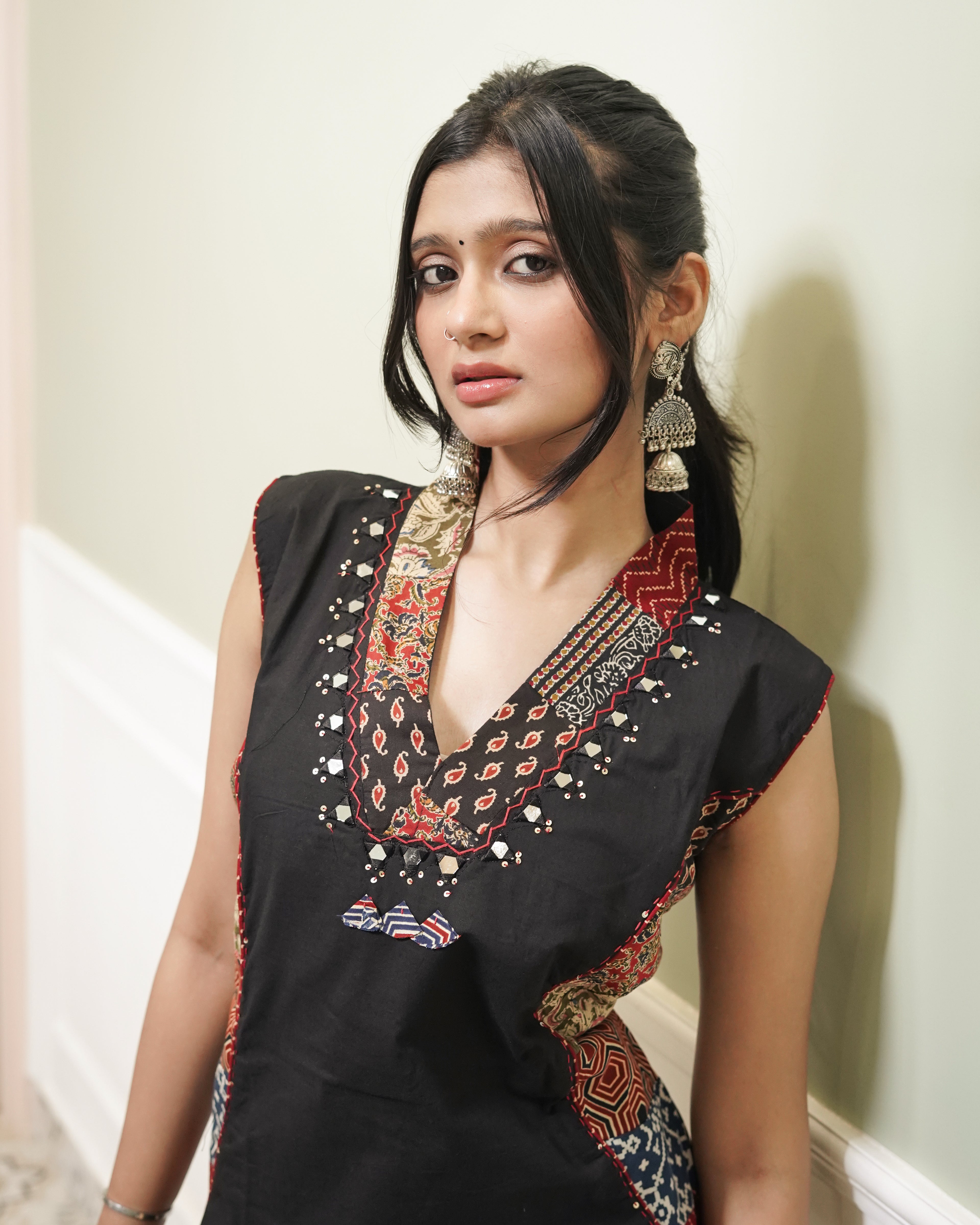 Black Cotton Kurta with Block Print Side Panels & Wide-Leg Palazzo Set | Jaipur Trendz