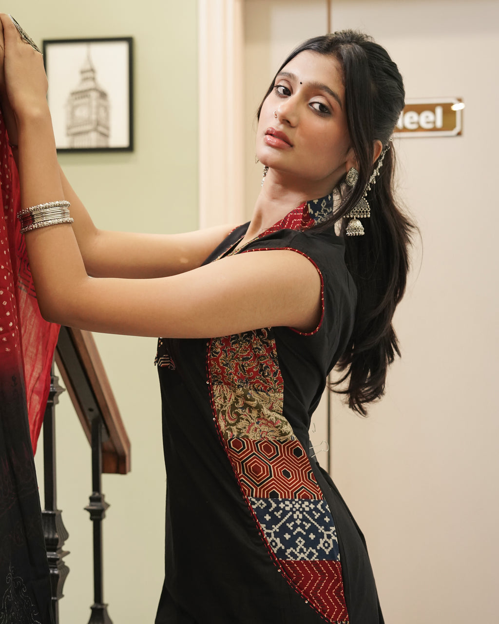 Black Cotton Kurta with Block Print Side Panels & Wide-Leg Palazzo Set | Jaipur Trendz