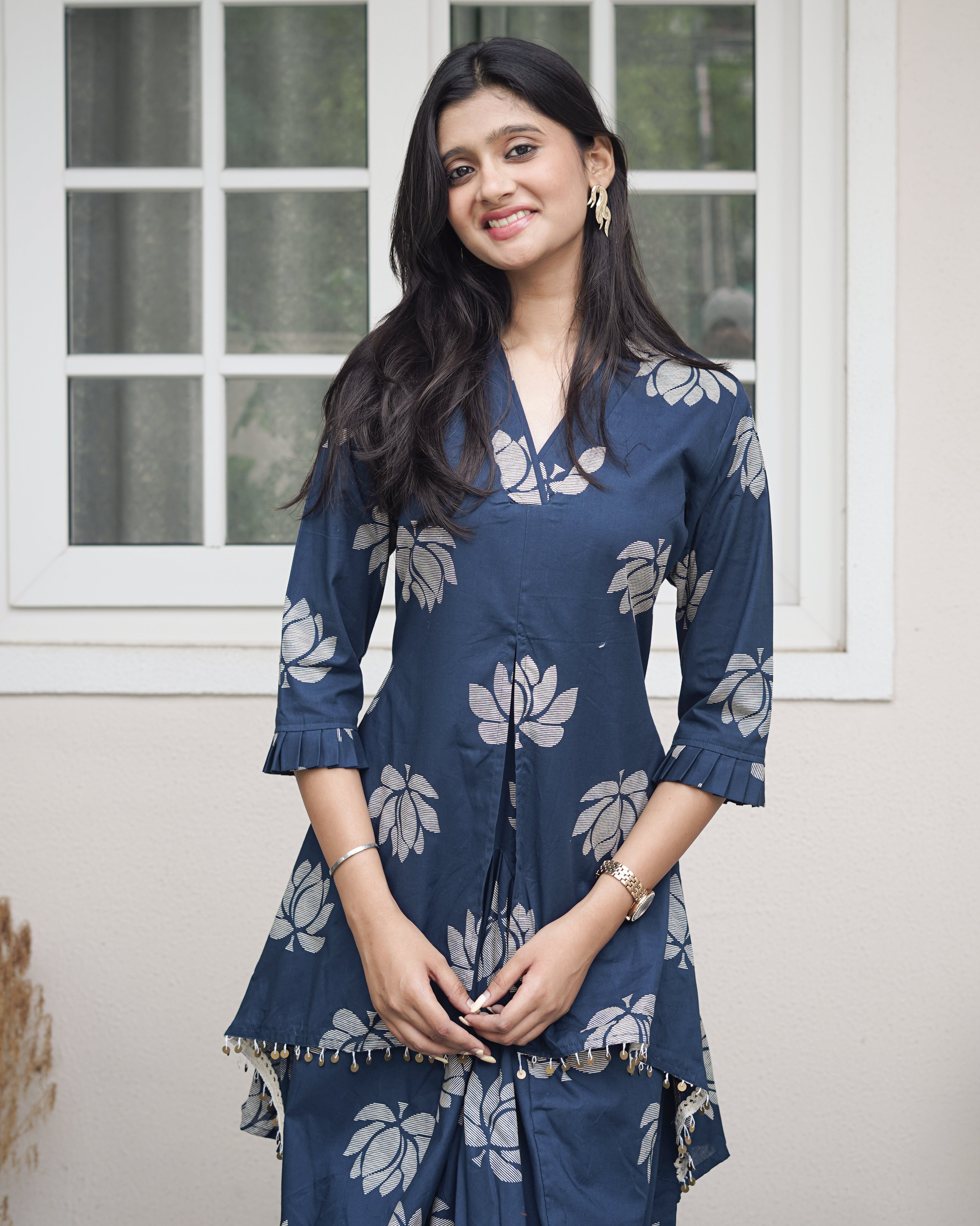 ROYAL INDIGO LOTUS PRINT DHOTI & A-LINE TUNIC SET WITH FRINGE ACCENTS