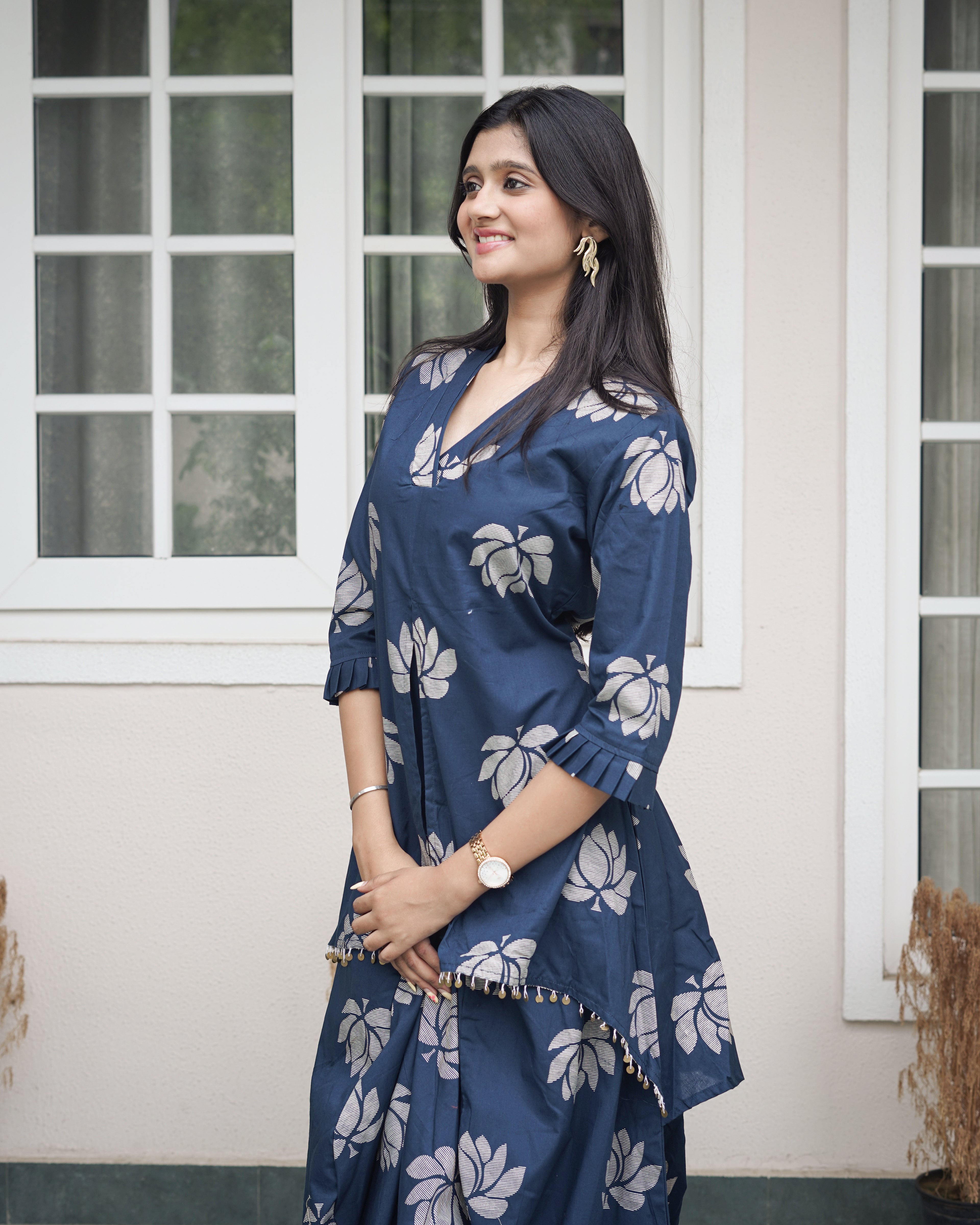 ROYAL INDIGO LOTUS PRINT DHOTI & A-LINE TUNIC SET WITH FRINGE ACCENTS