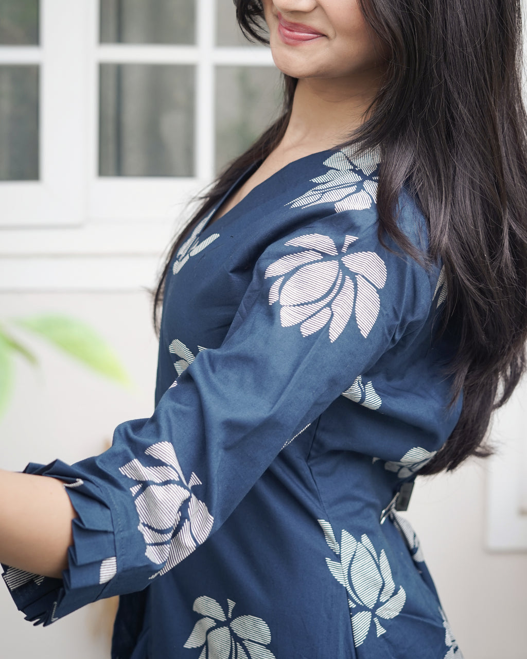 ROYAL INDIGO LOTUS PRINT DHOTI & A-LINE TUNIC SET WITH FRINGE ACCENTS