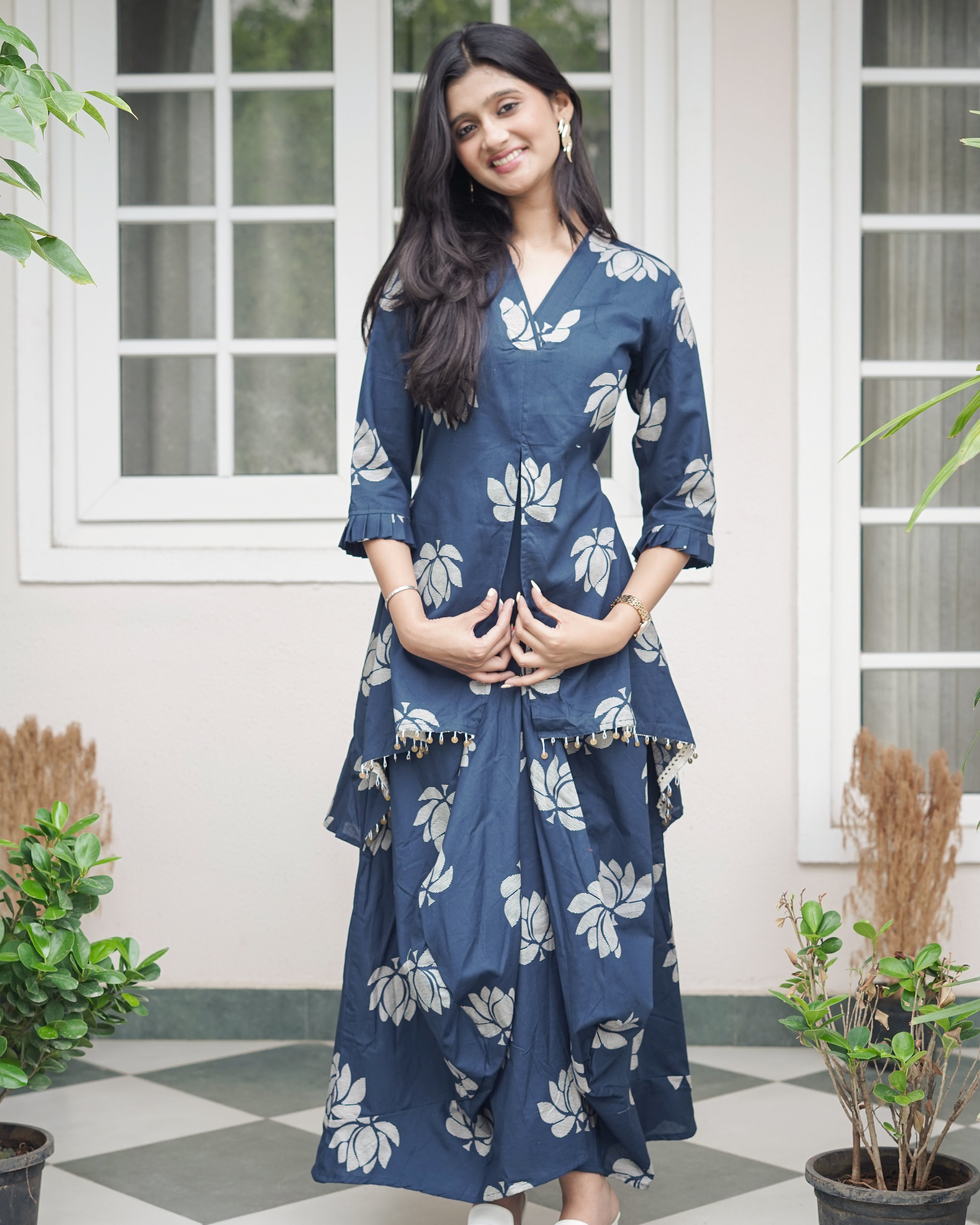 ROYAL INDIGO LOTUS PRINT DHOTI & A-LINE TUNIC SET WITH FRINGE ACCENTS