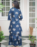 ROYAL INDIGO LOTUS PRINT DHOTI & A-LINE TUNIC SET WITH FRINGE ACCENTS