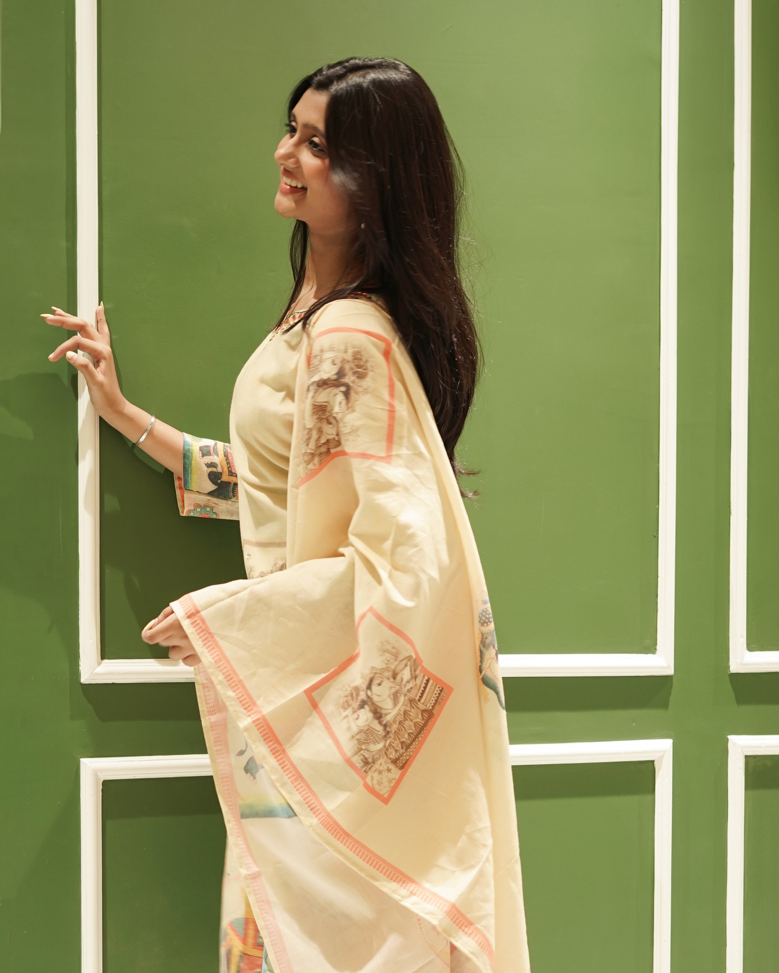 Beige Co-ord Kurta Set with Royal Peacock & Elephant Prints – Pure Cotton Summer Suit