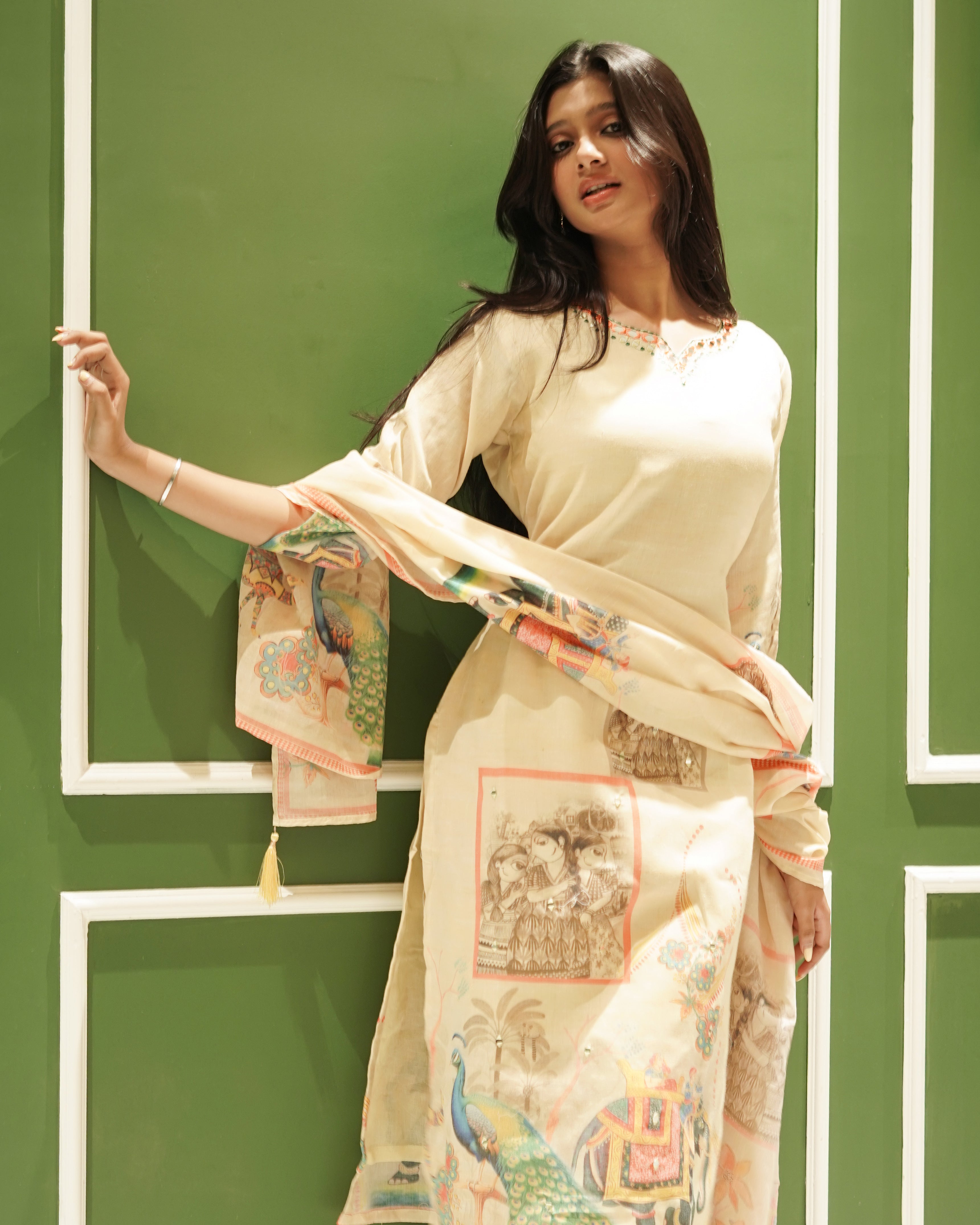 Beige Co-ord Kurta Set with Royal Peacock & Elephant Prints – Pure Cotton Summer Suit