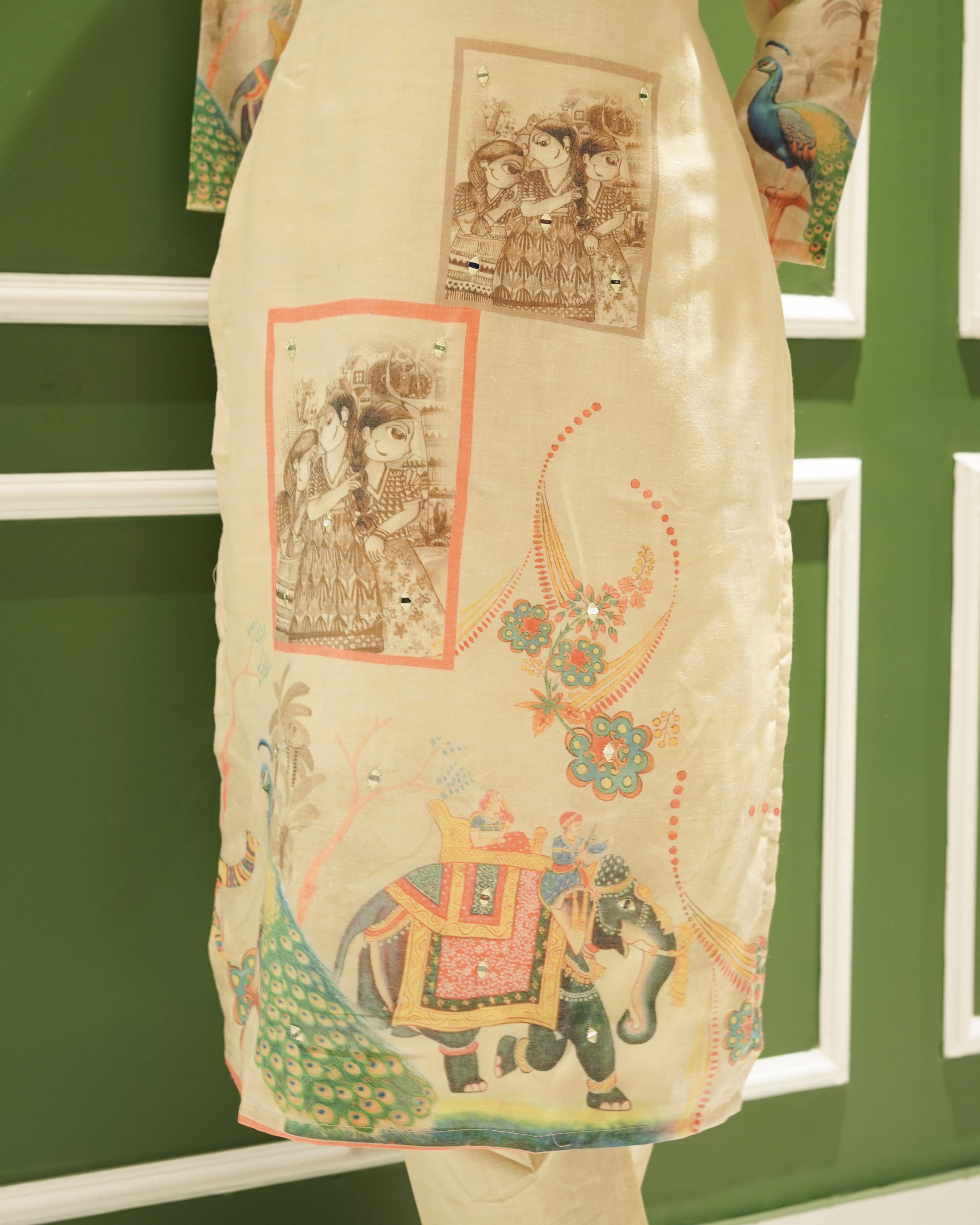 Beige Co-ord Kurta Set with Royal Peacock & Elephant Prints – Pure Cotton Summer Suit