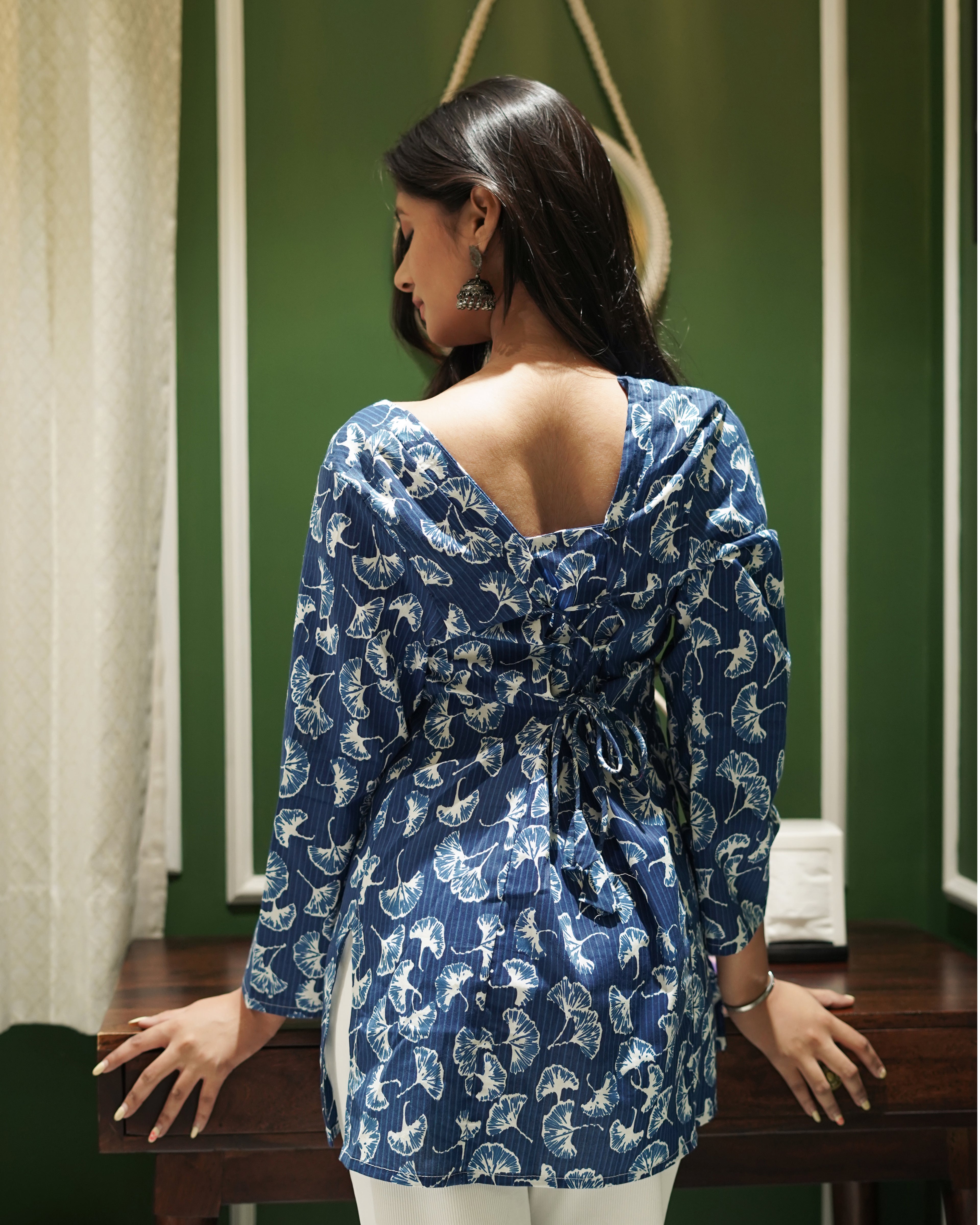 AZURE BLOOM: HAND-PRINTED FLORAL SHORT COTTON KURTI WITH BELL SLEEVES