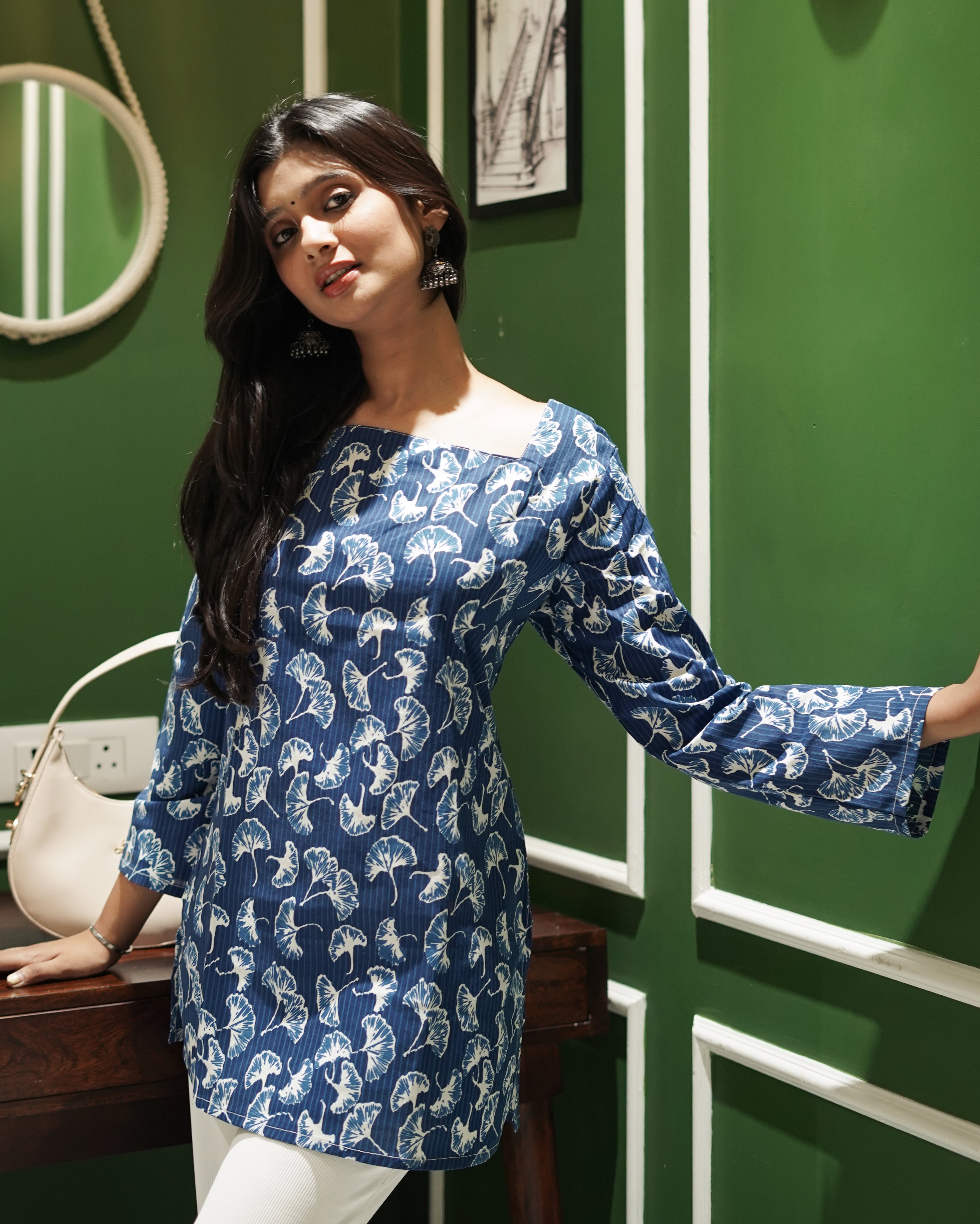 AZURE BLOOM: HAND-PRINTED FLORAL SHORT COTTON KURTI WITH BELL SLEEVES