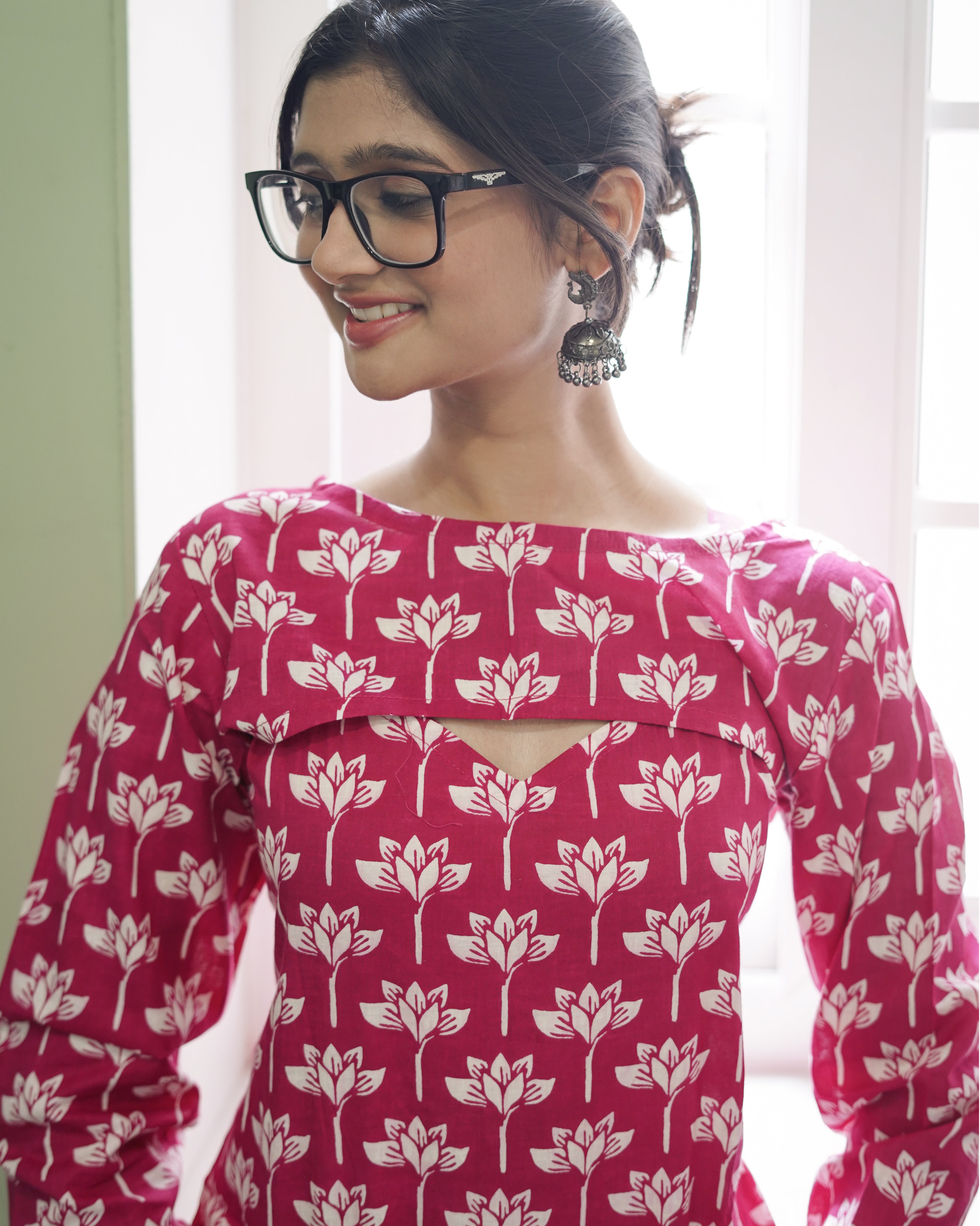 RUBY LOTUS: HAND-PRINTED COTTON SHORT KURTI WITH OVERLAY DETAIL
