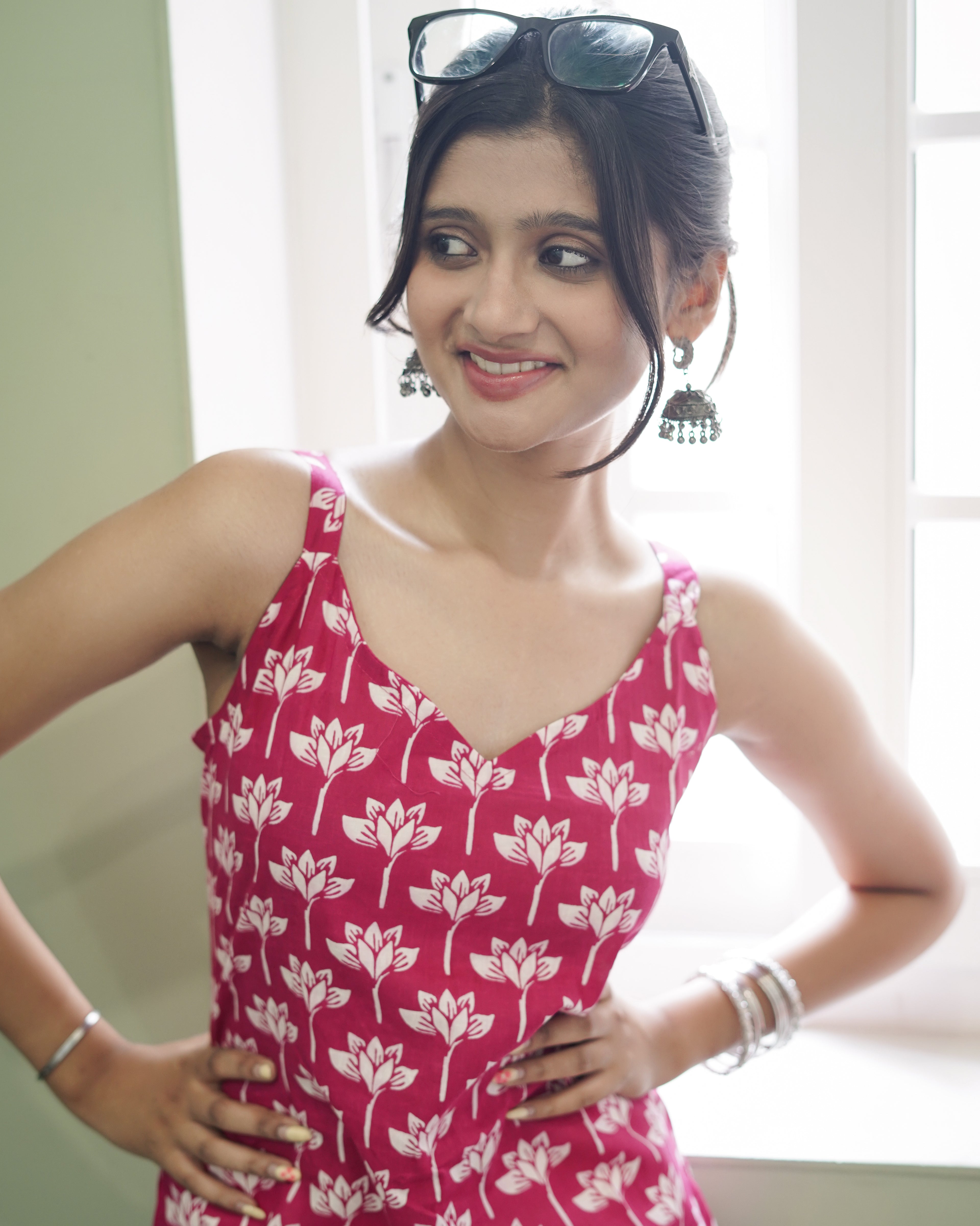 RUBY LOTUS: HAND-PRINTED COTTON SHORT KURTI WITH OVERLAY DETAIL