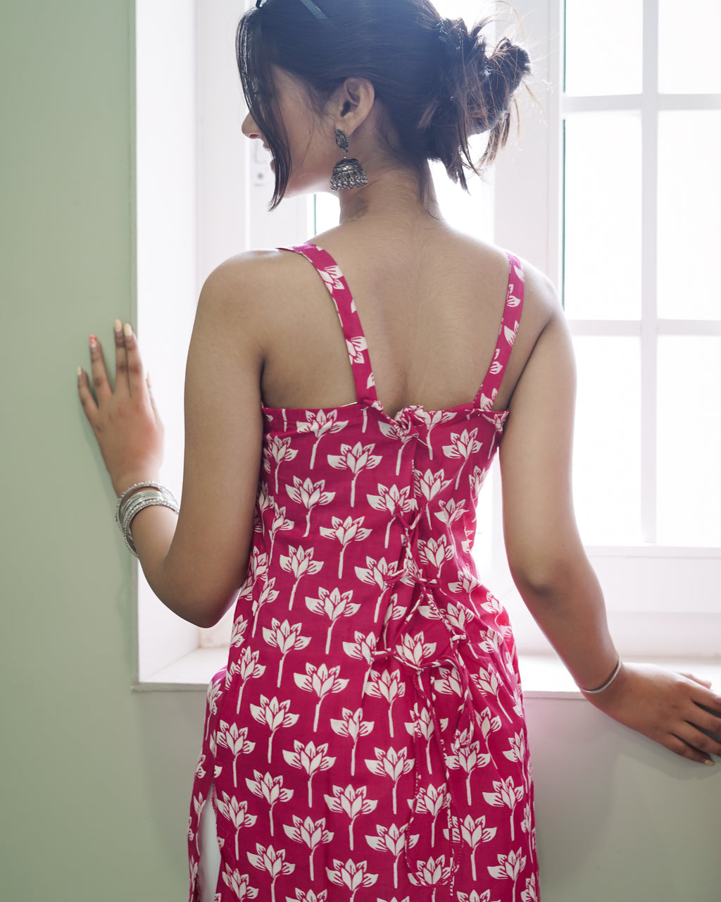 RUBY LOTUS: HAND-PRINTED COTTON SHORT KURTI WITH OVERLAY DETAIL