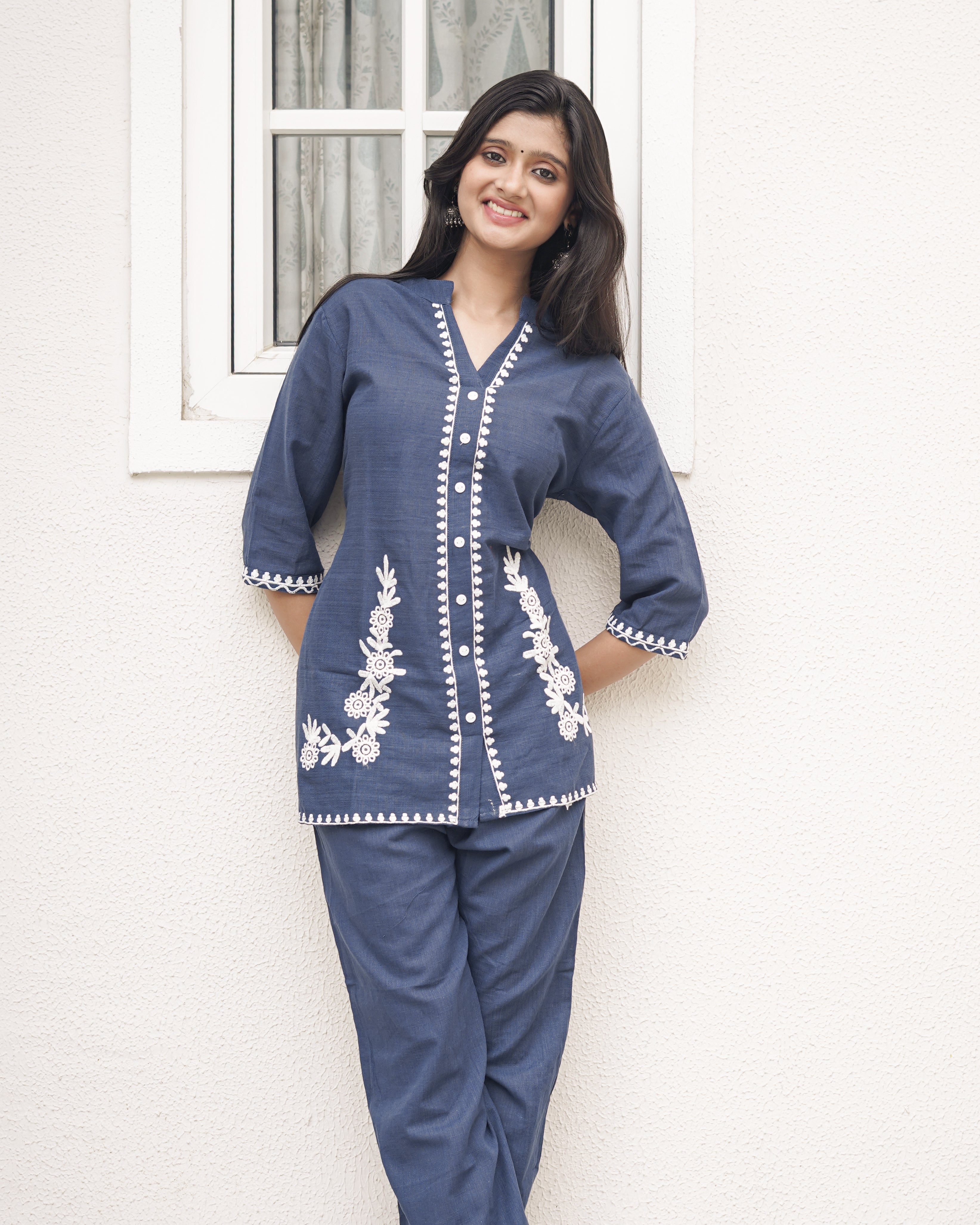 Embroidered Cotton-Linen Co-Ord Set with Pockets | Indigo Blue | Jaipur Trendz