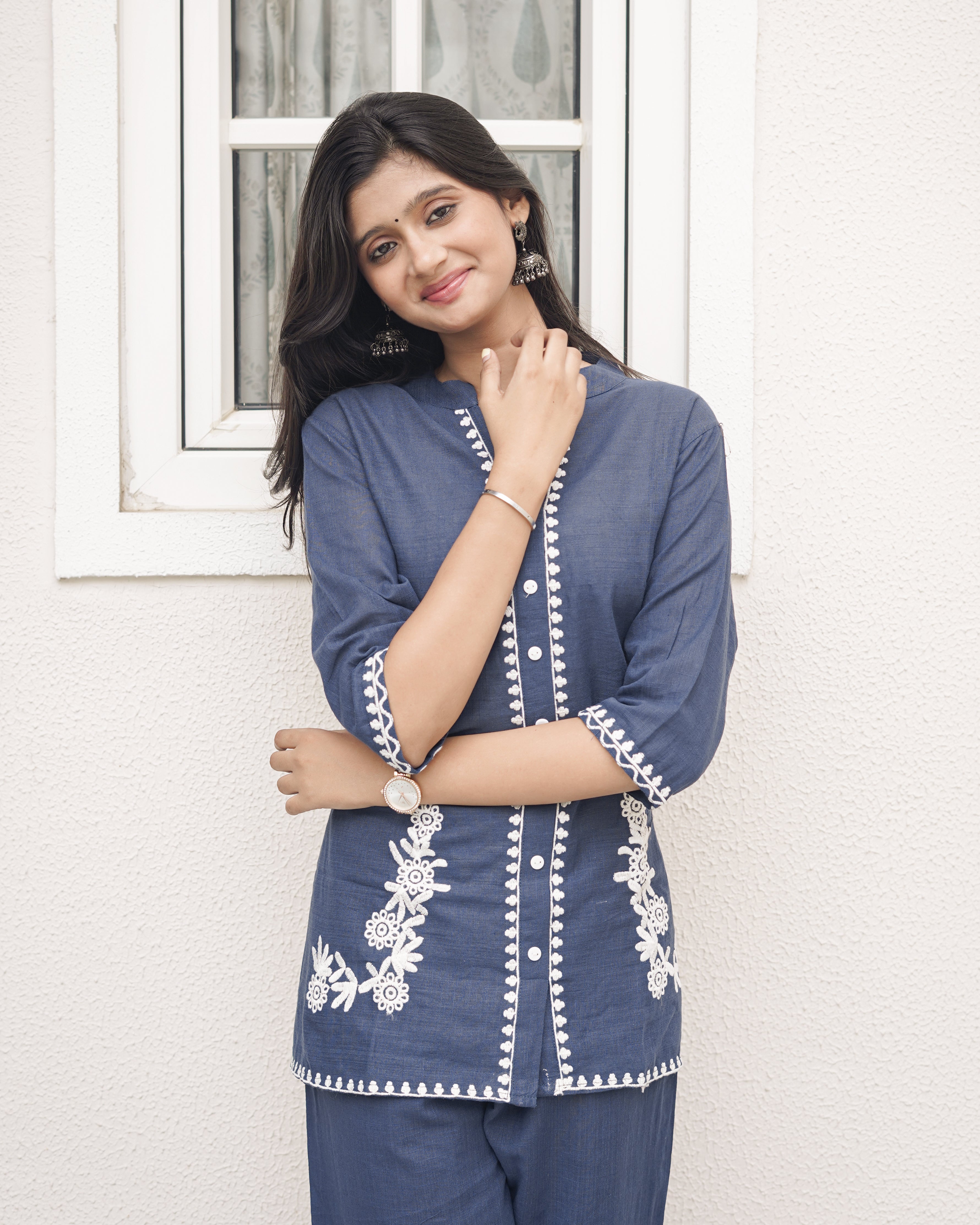 Embroidered Cotton-Linen Co-Ord Set with Pockets | Indigo Blue | Jaipur Trendz