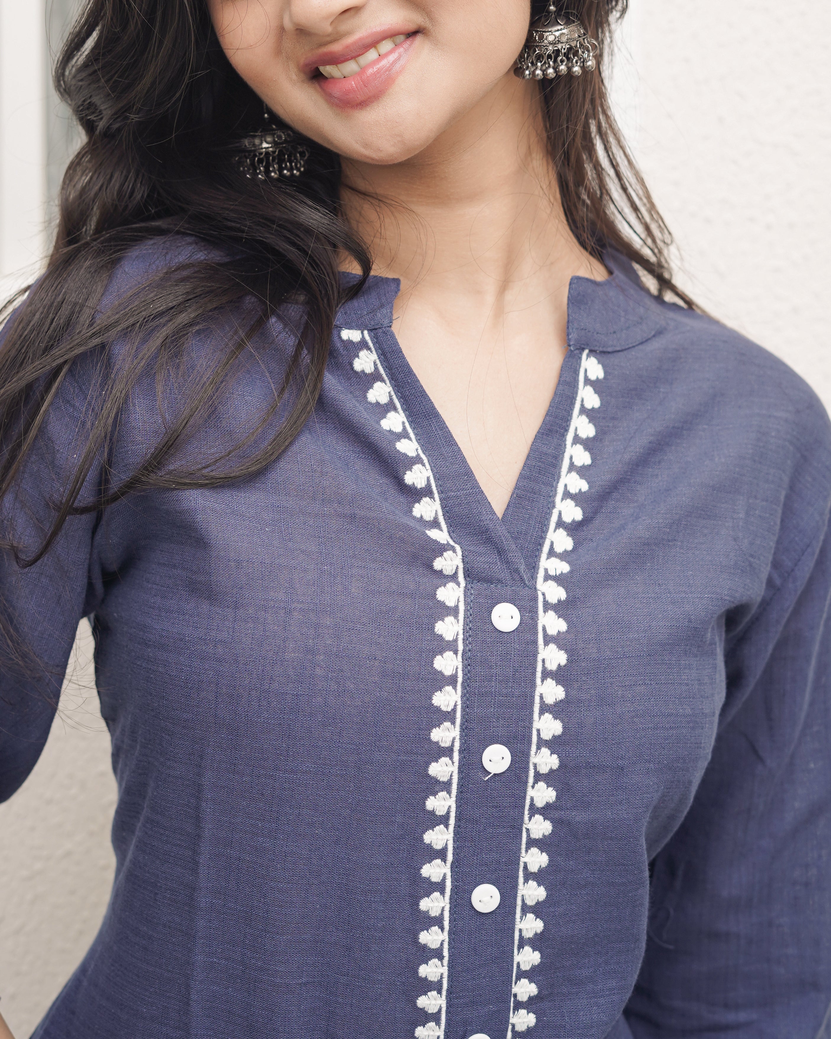 Embroidered Cotton-Linen Co-Ord Set with Pockets | Indigo Blue | Jaipur Trendz