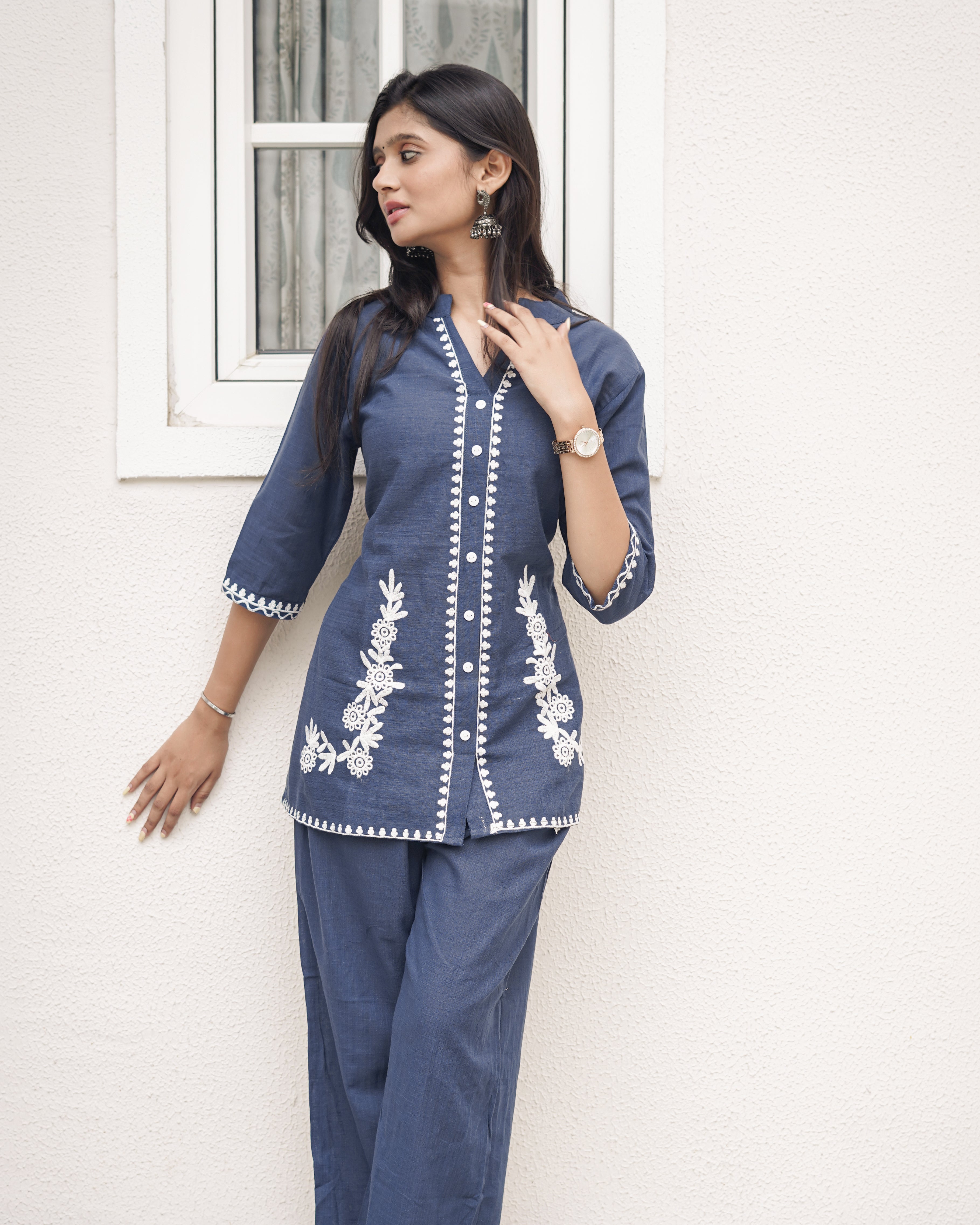 Embroidered Cotton-Linen Co-Ord Set with Pockets | Indigo Blue | Jaipur Trendz
