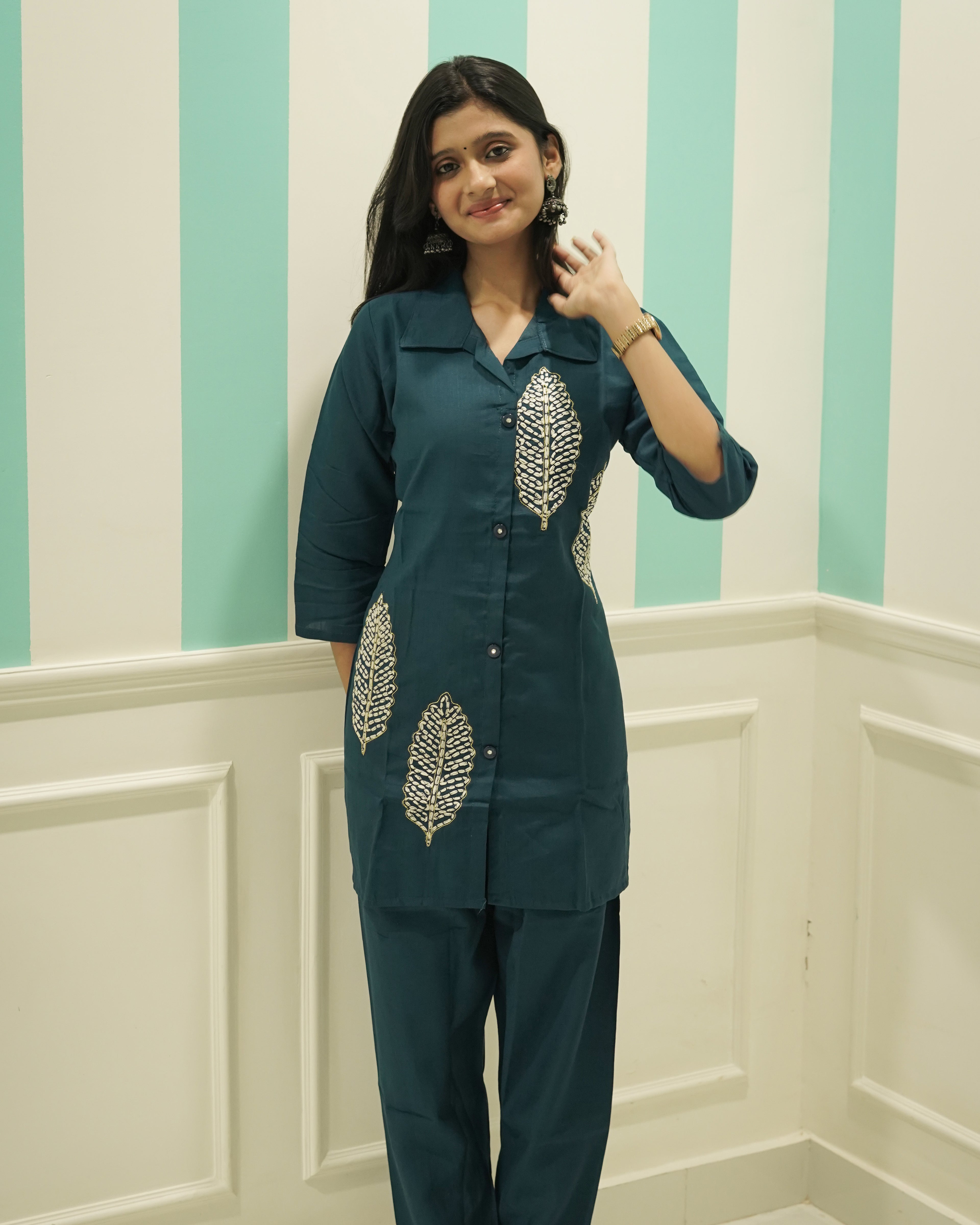Women's Teal Blue Co-ord Set - Cotton Kurti with Matching Trousers