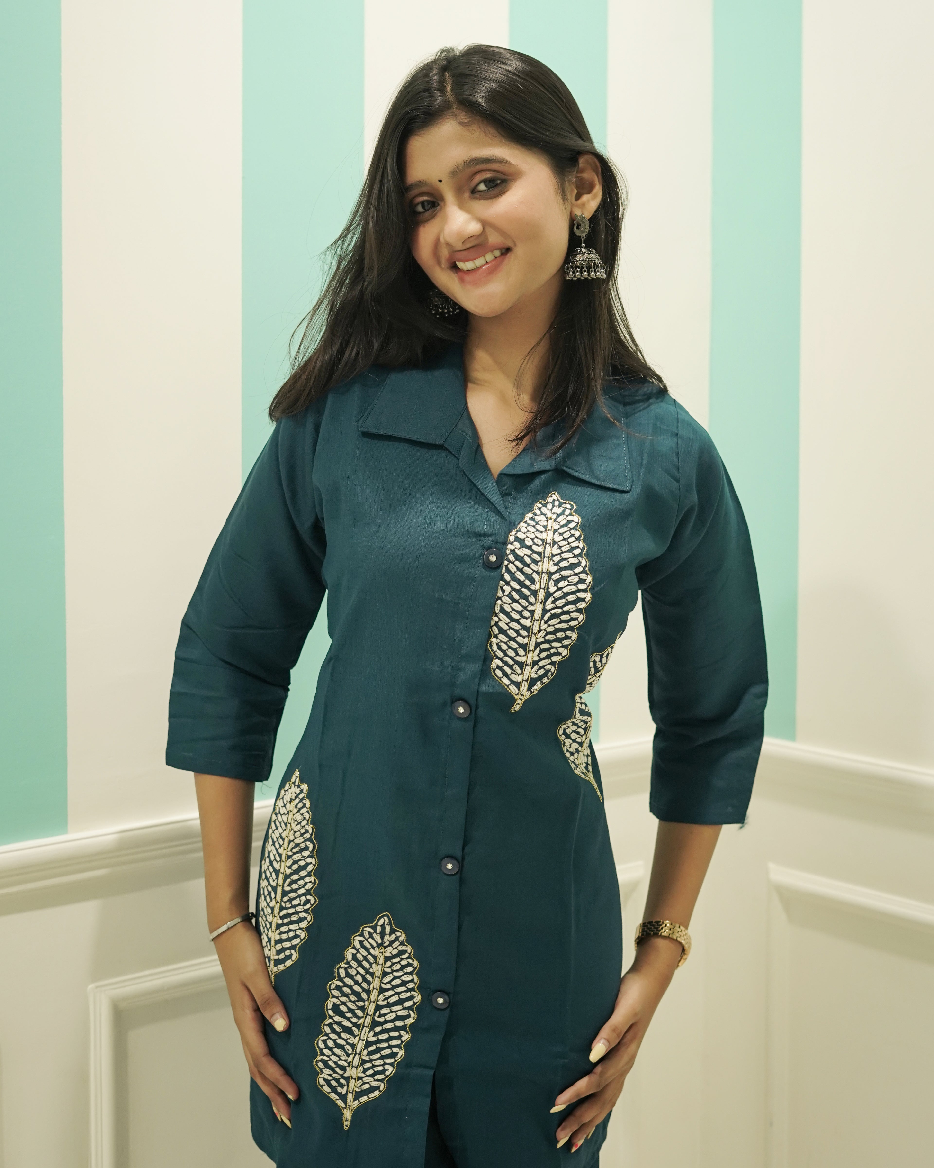 Women's Teal Blue Co-ord Set - Cotton Kurti with Matching Trousers