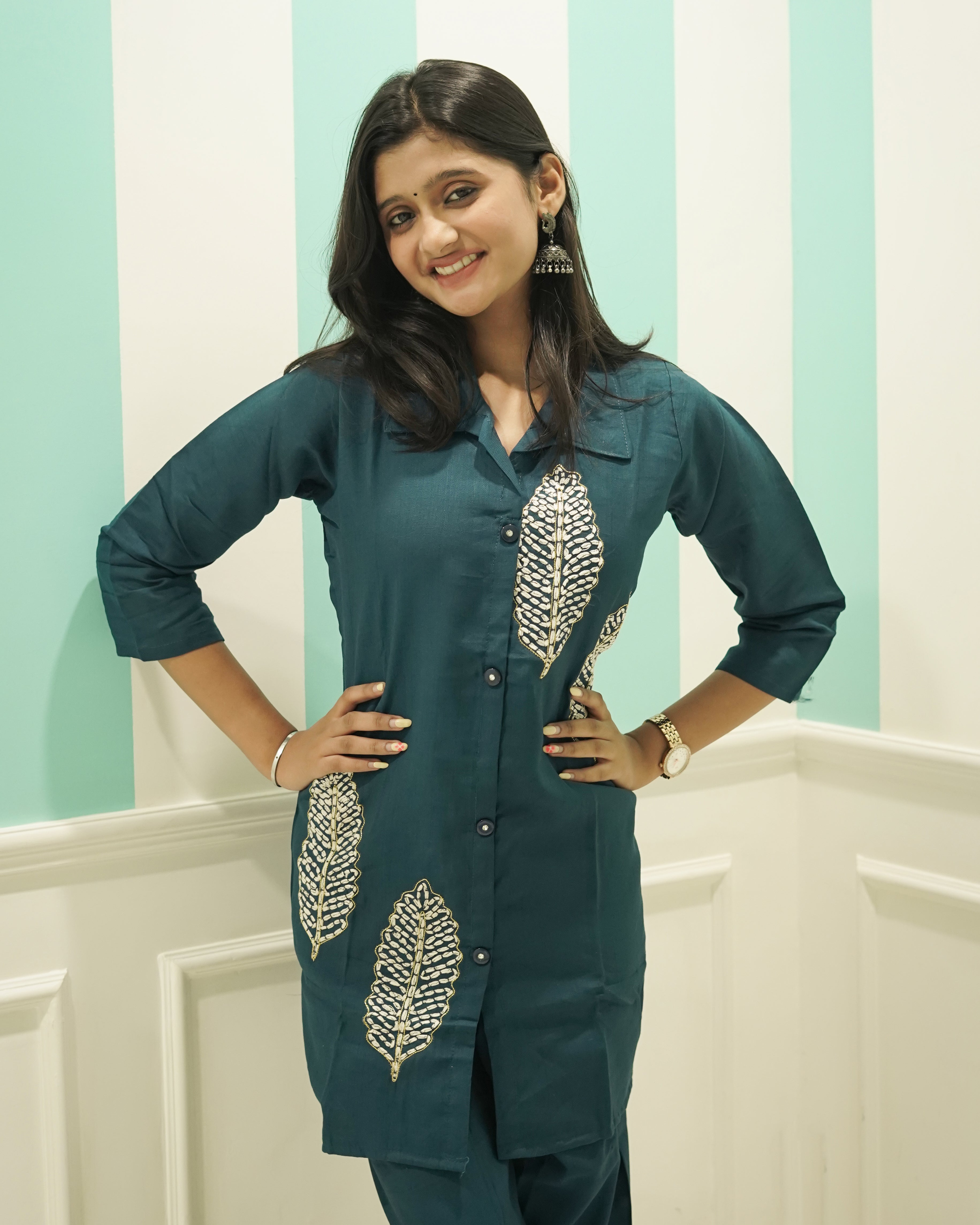 Women's Teal Blue Co-ord Set - Cotton Kurti with Matching Trousers