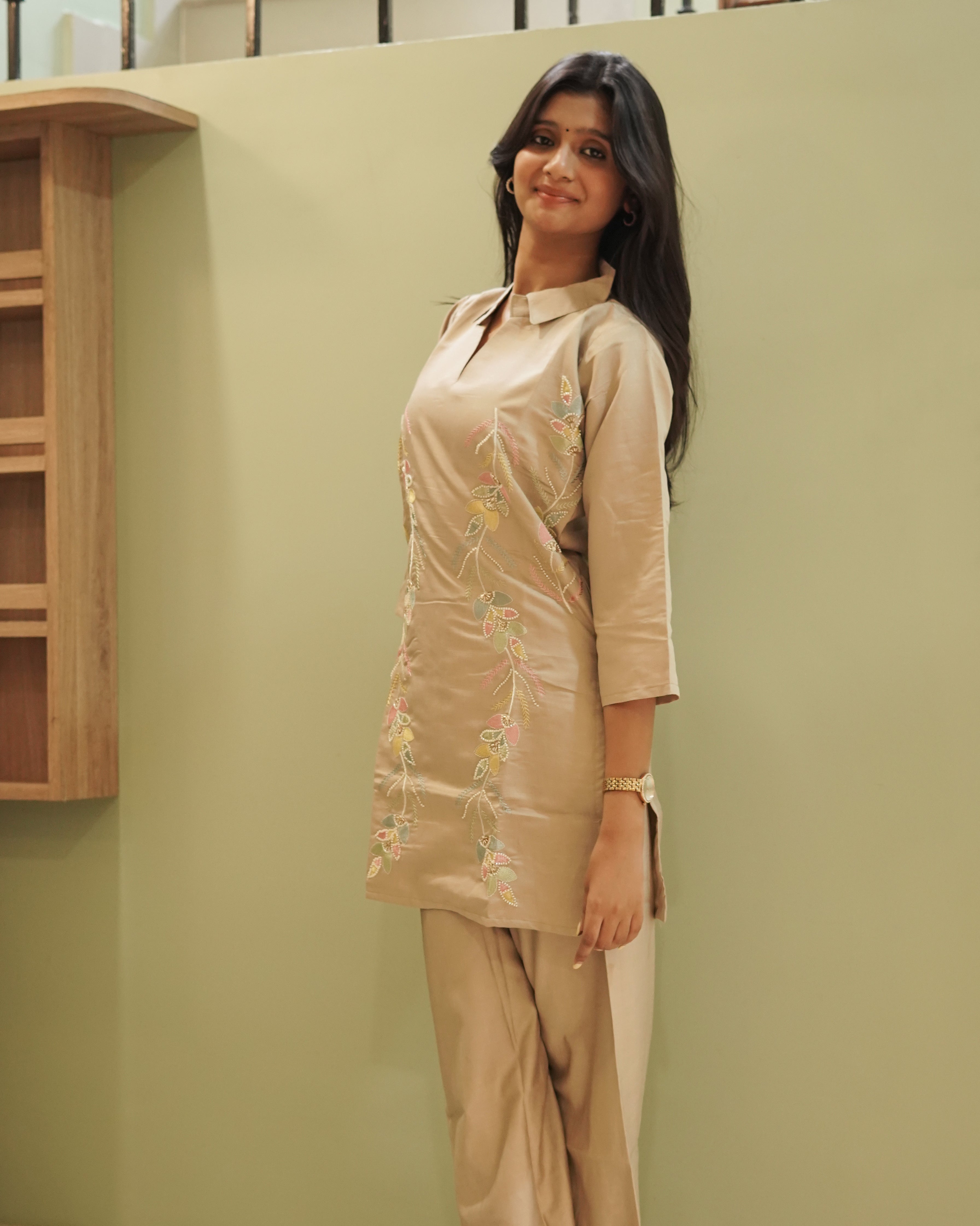 Beige Cotton Silk Embroidered Kurti with Matching Wide-Leg Pants Set