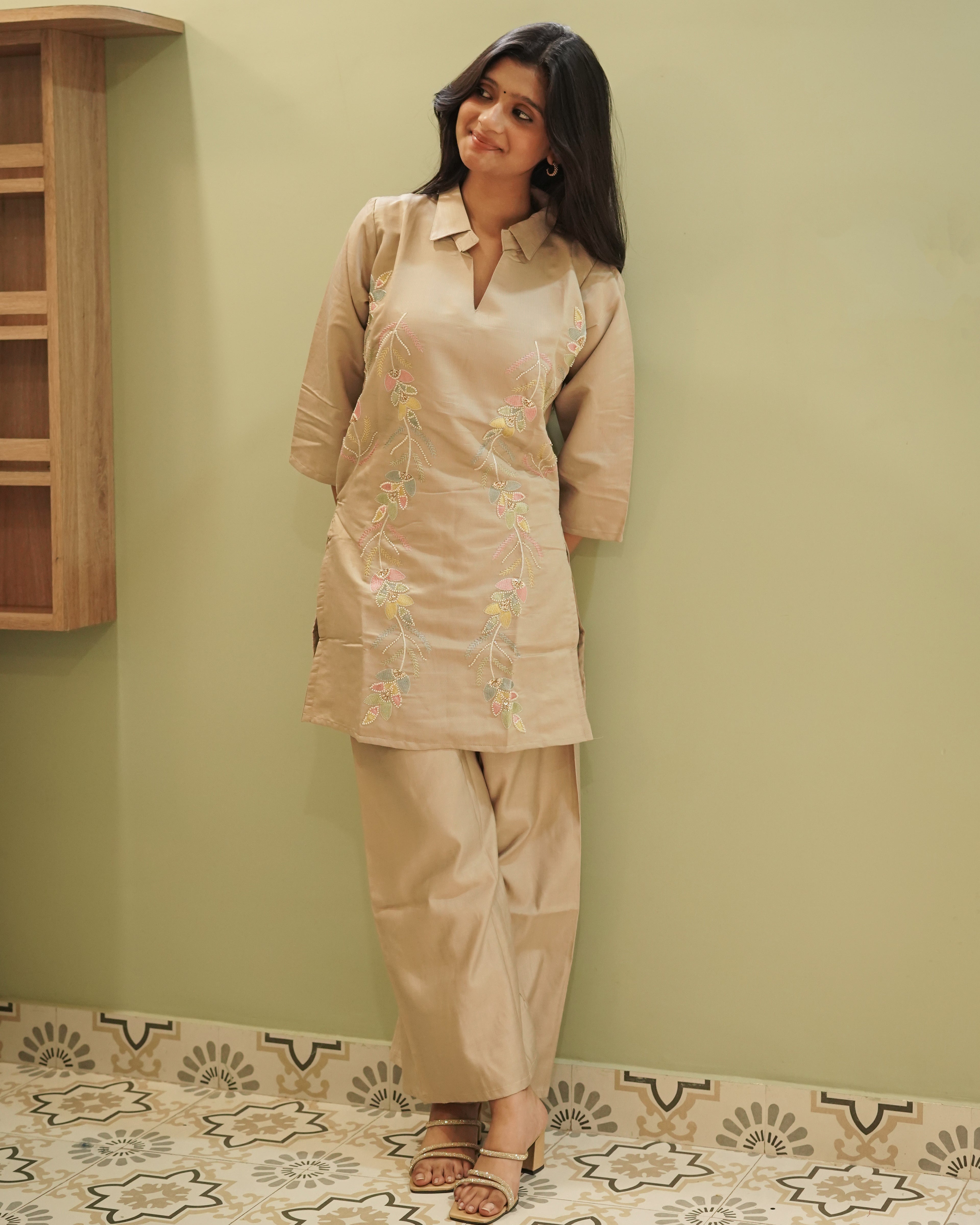Beige Cotton Silk Embroidered Kurti with Matching Wide-Leg Pants Set