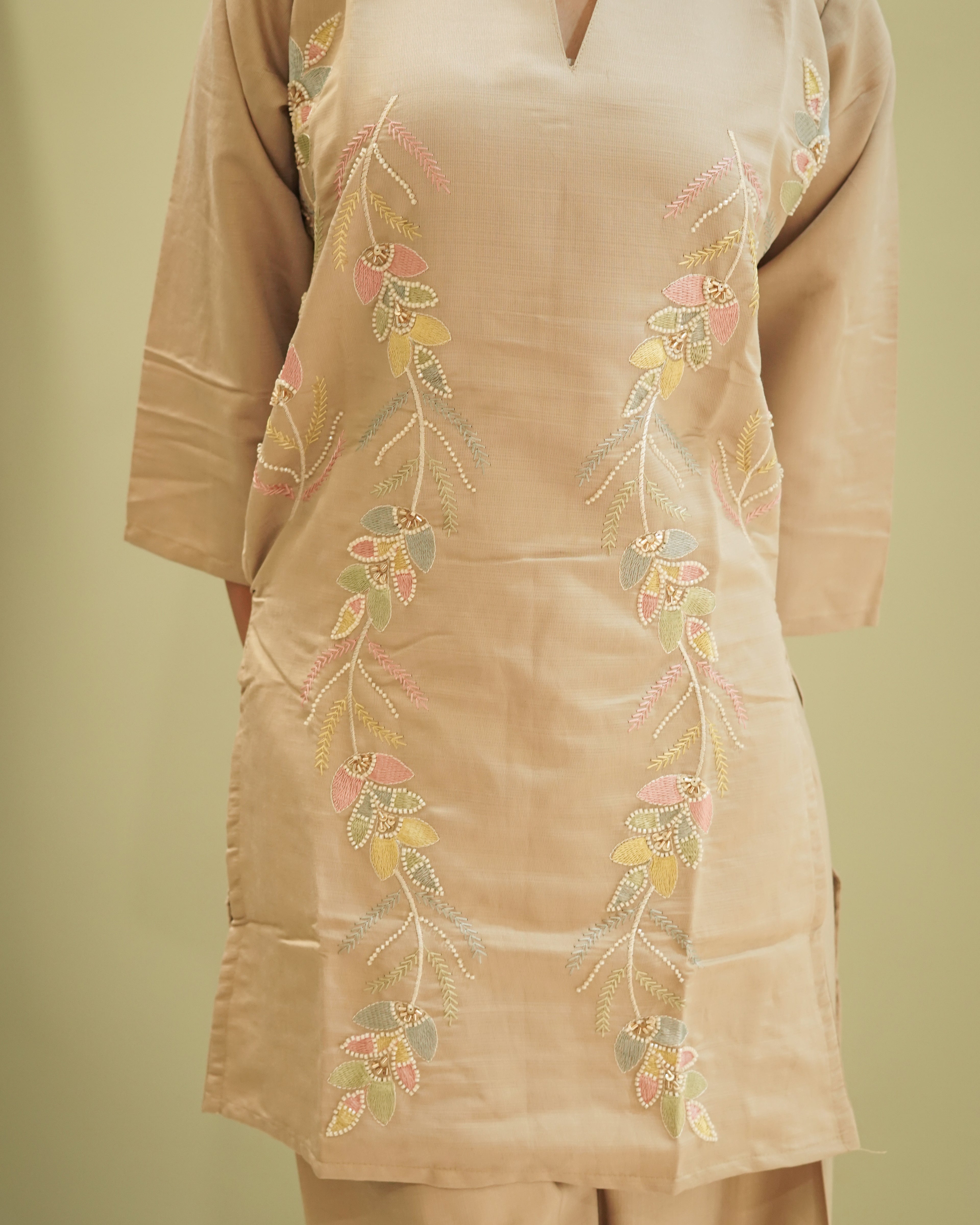 Beige Cotton Silk Embroidered Kurti with Matching Wide-Leg Pants Set