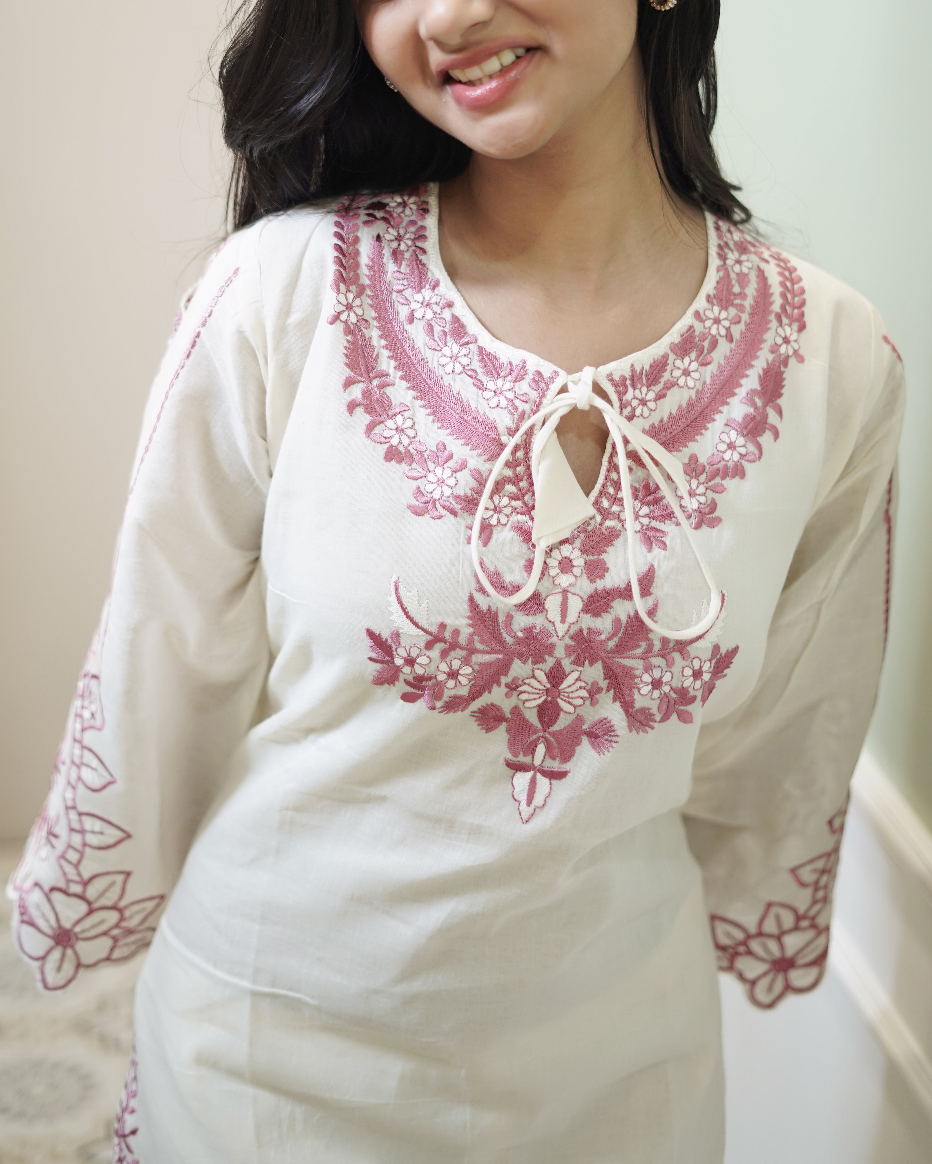 Ivory Cotton Kurta Set with Intricate Magenta Floral Embroidery (3-Piece Set)