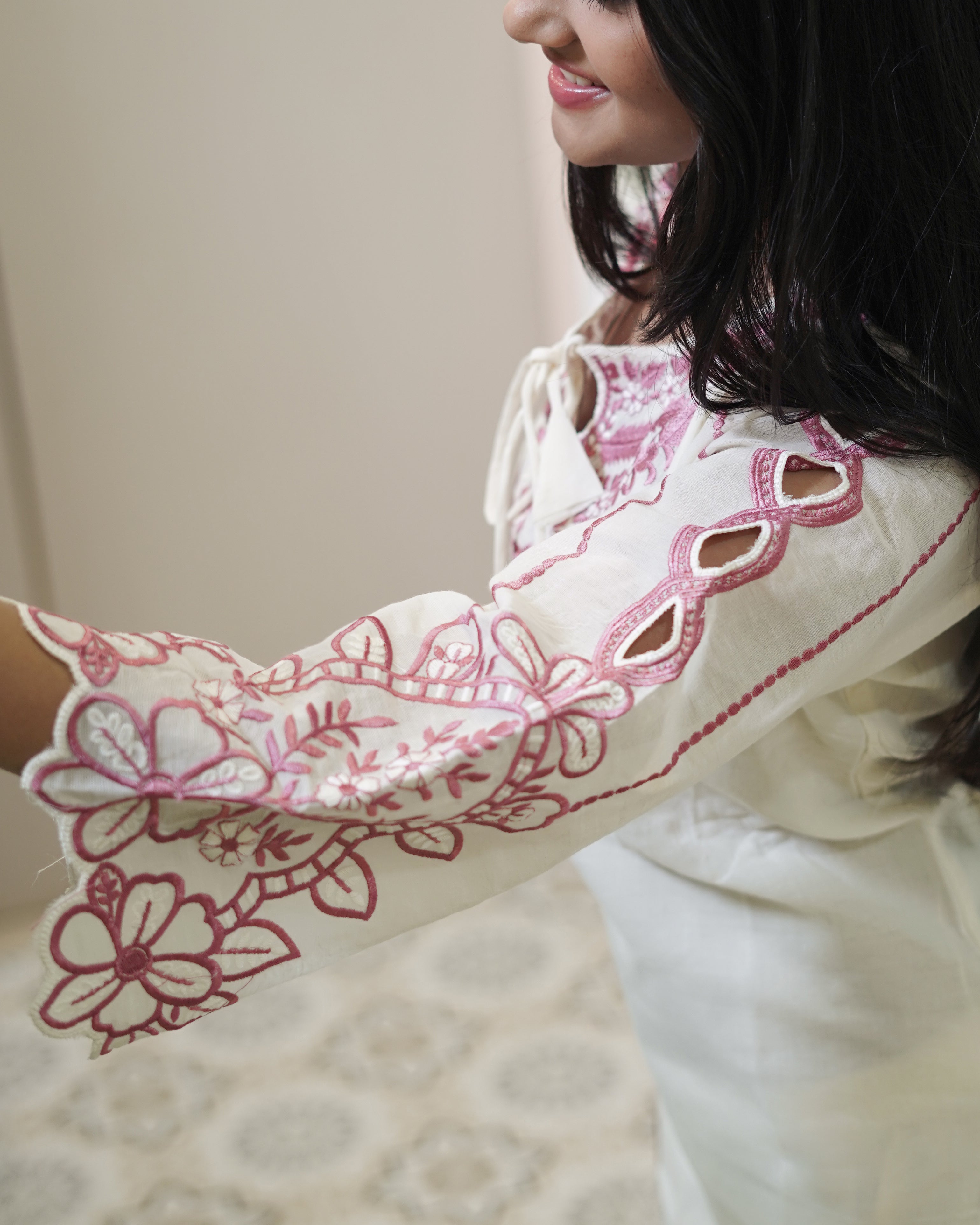 Ivory Cotton Kurta Set with Intricate Magenta Floral Embroidery (3-Piece Set)