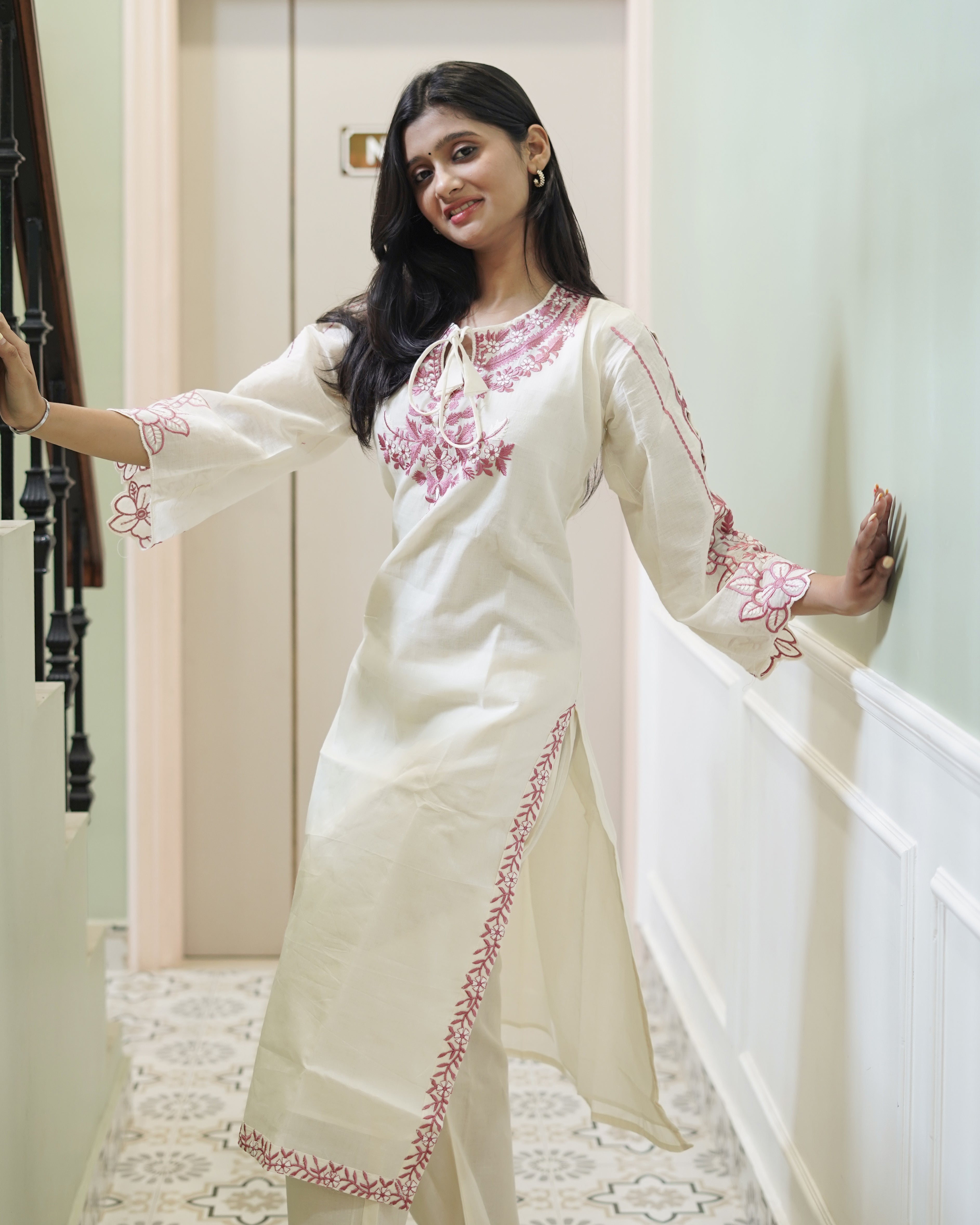 Ivory Cotton Kurta Set with Intricate Magenta Floral Embroidery (3-Piece Set)