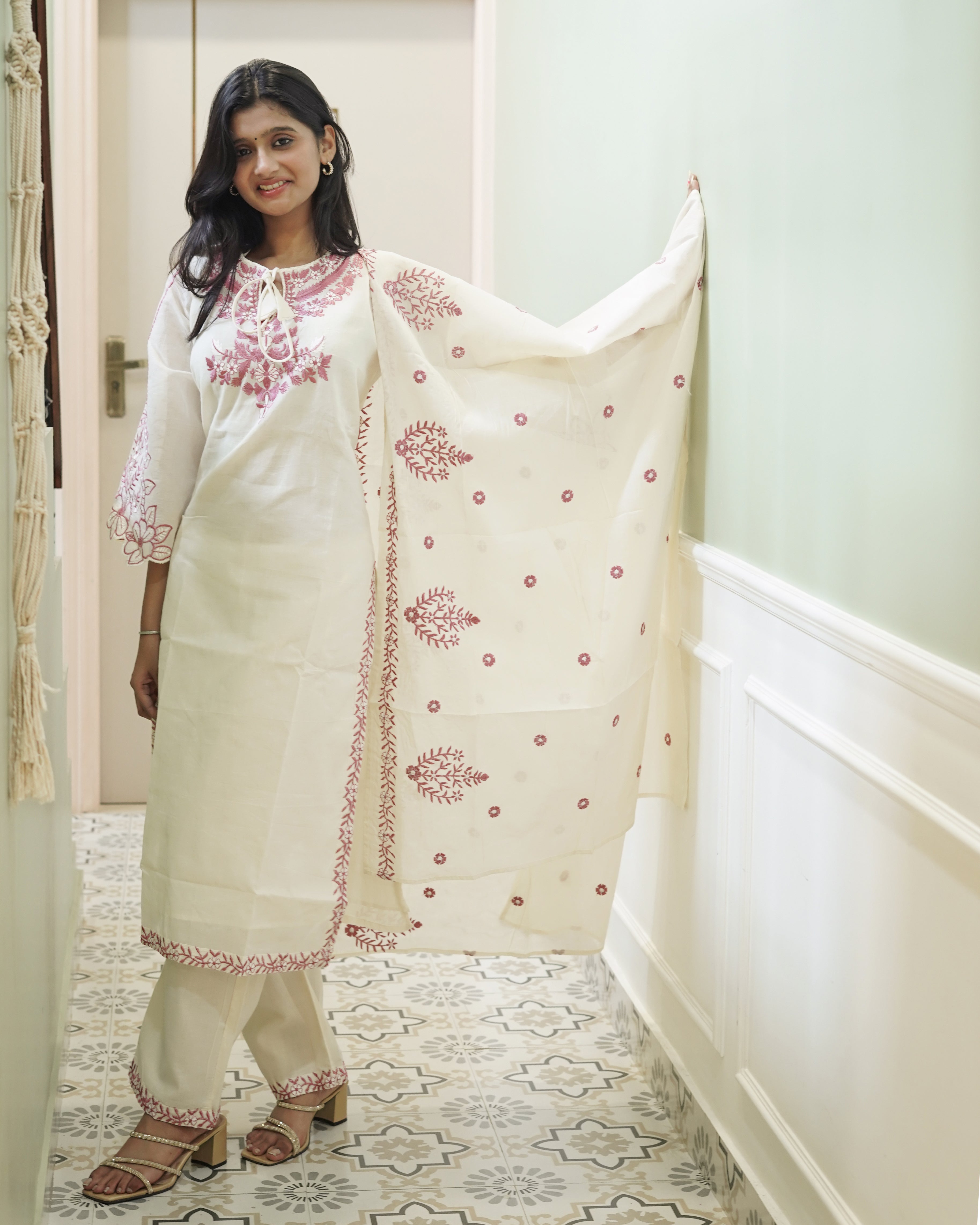 Ivory Cotton Kurta Set with Intricate Magenta Floral Embroidery (3-Piece Set)