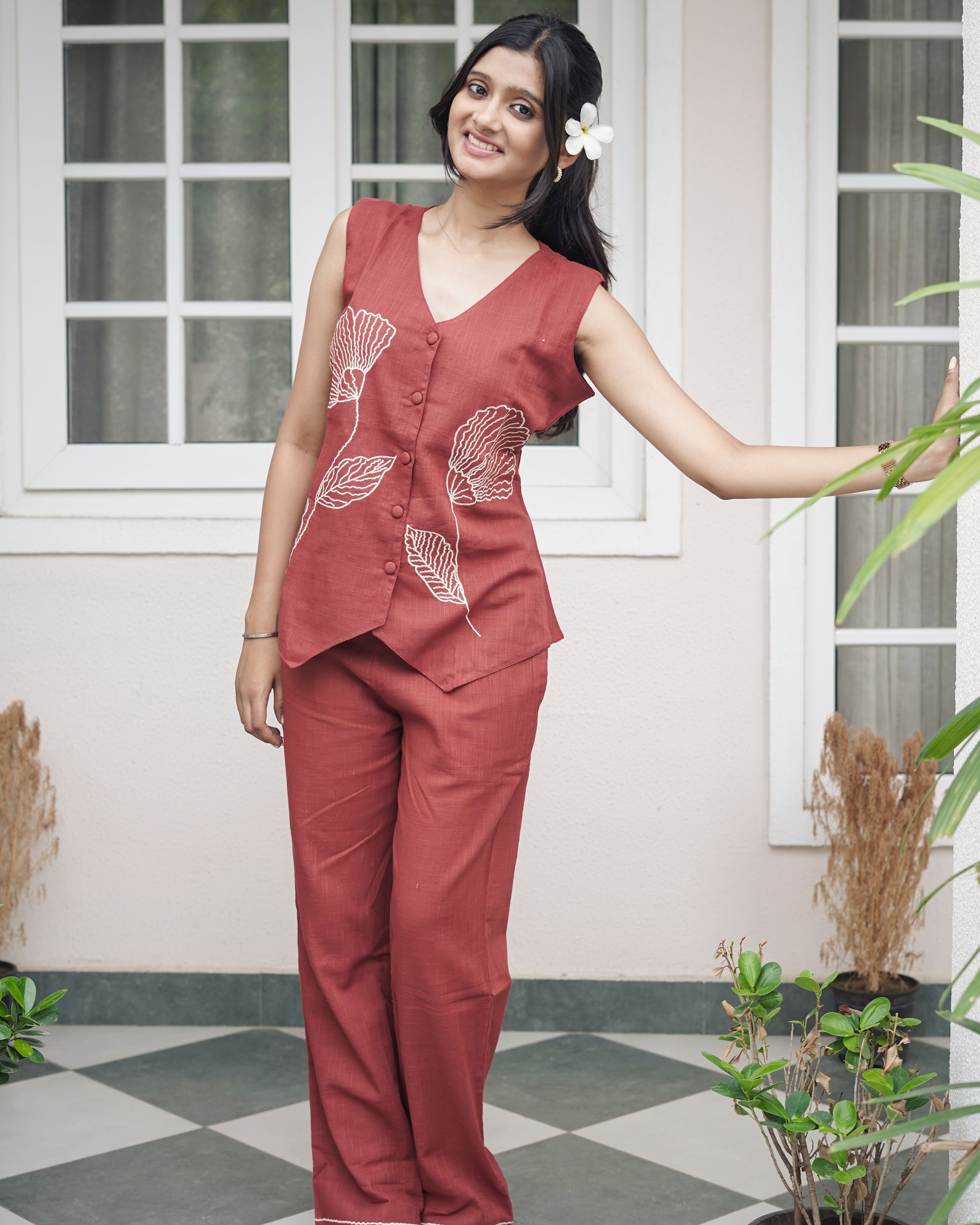Elegance in Rust: Hand-Embroidered Floral Linen Co-Ord Set