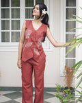 Elegance in Rust: Hand-Embroidered Floral Linen Co-Ord Set