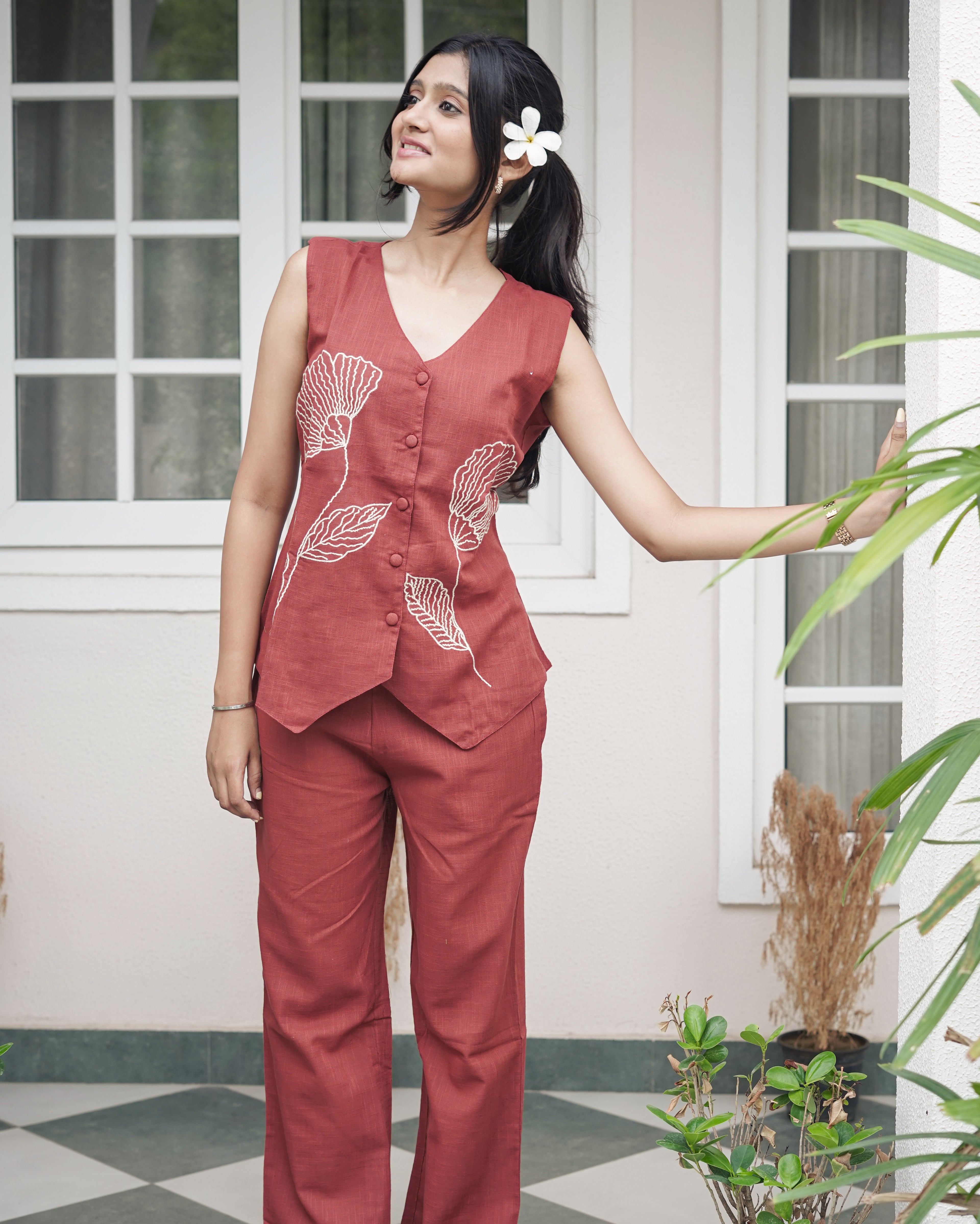 Elegance in Rust: Hand-Embroidered Floral Linen Co-Ord Set