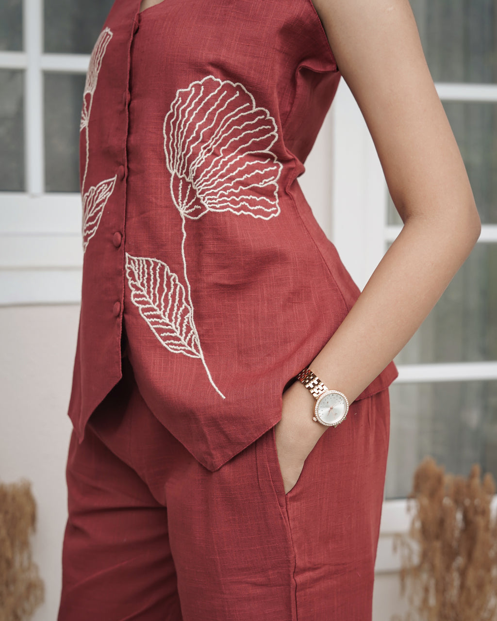 Elegance in Rust: Hand-Embroidered Floral Linen Co-Ord Set