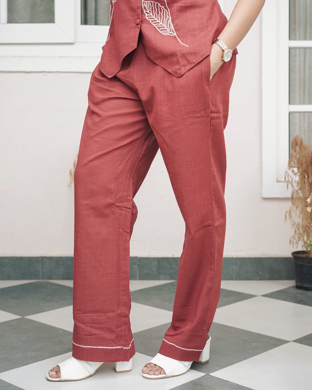Elegance in Rust: Hand-Embroidered Floral Linen Co-Ord Set