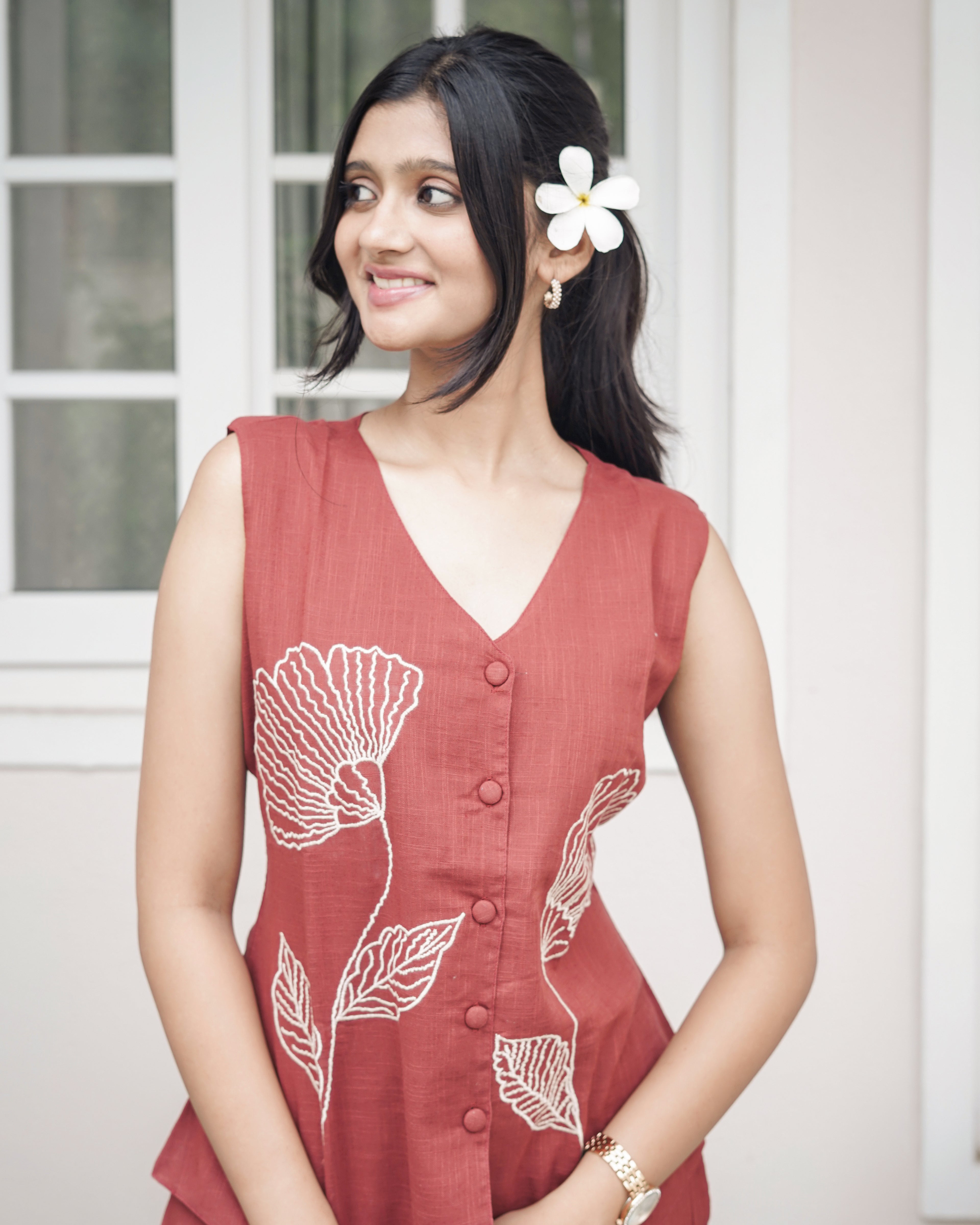 Elegance in Rust: Hand-Embroidered Floral Linen Co-Ord Set