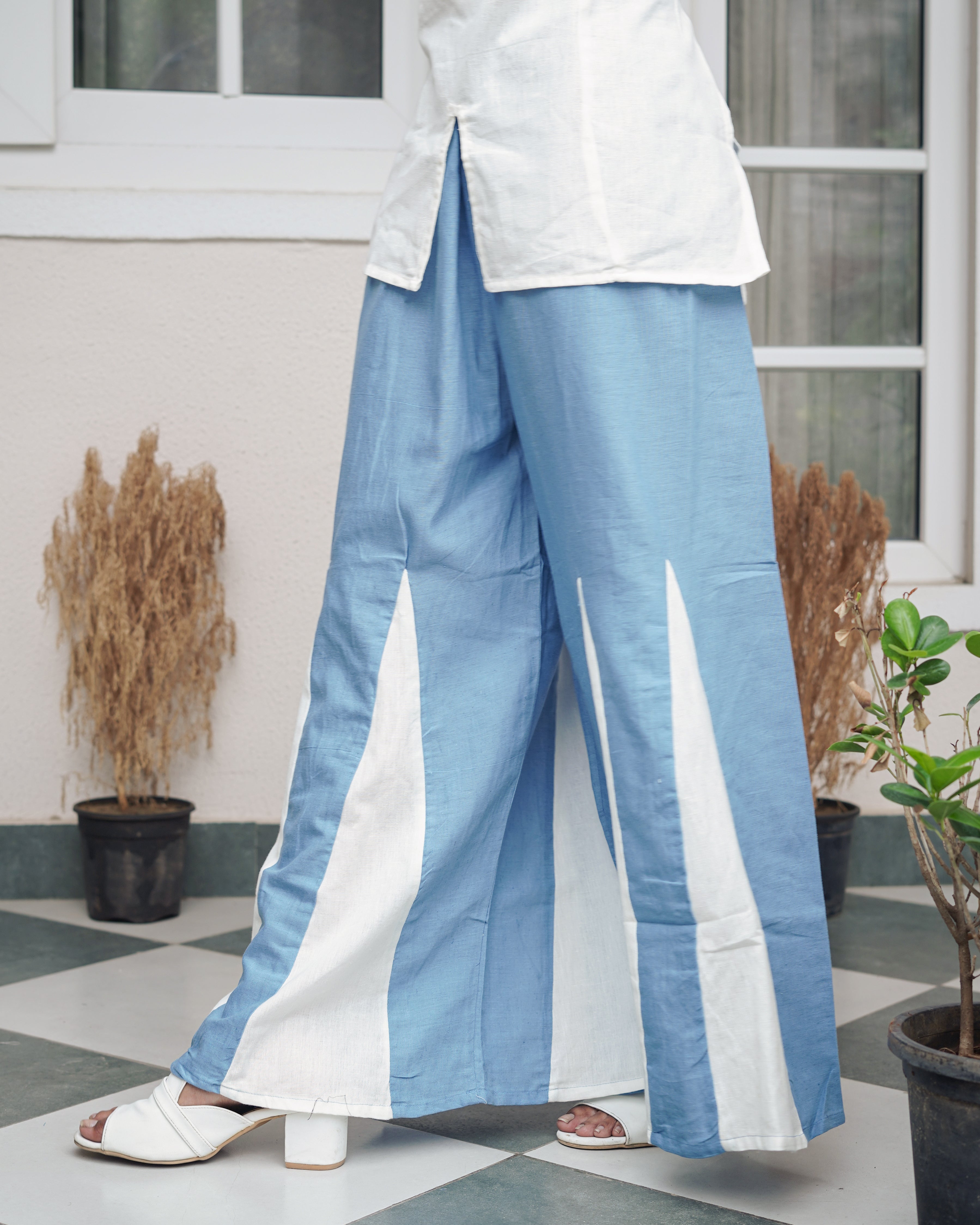 White & Cerulean Blue Embroidered Cotton Co-Ord Set