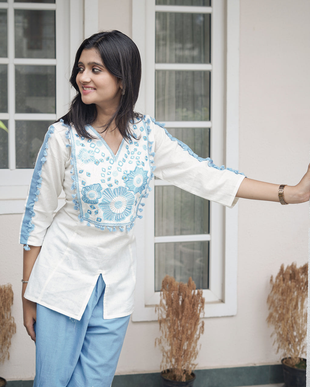 White & Cerulean Blue Embroidered Cotton Co-Ord Set