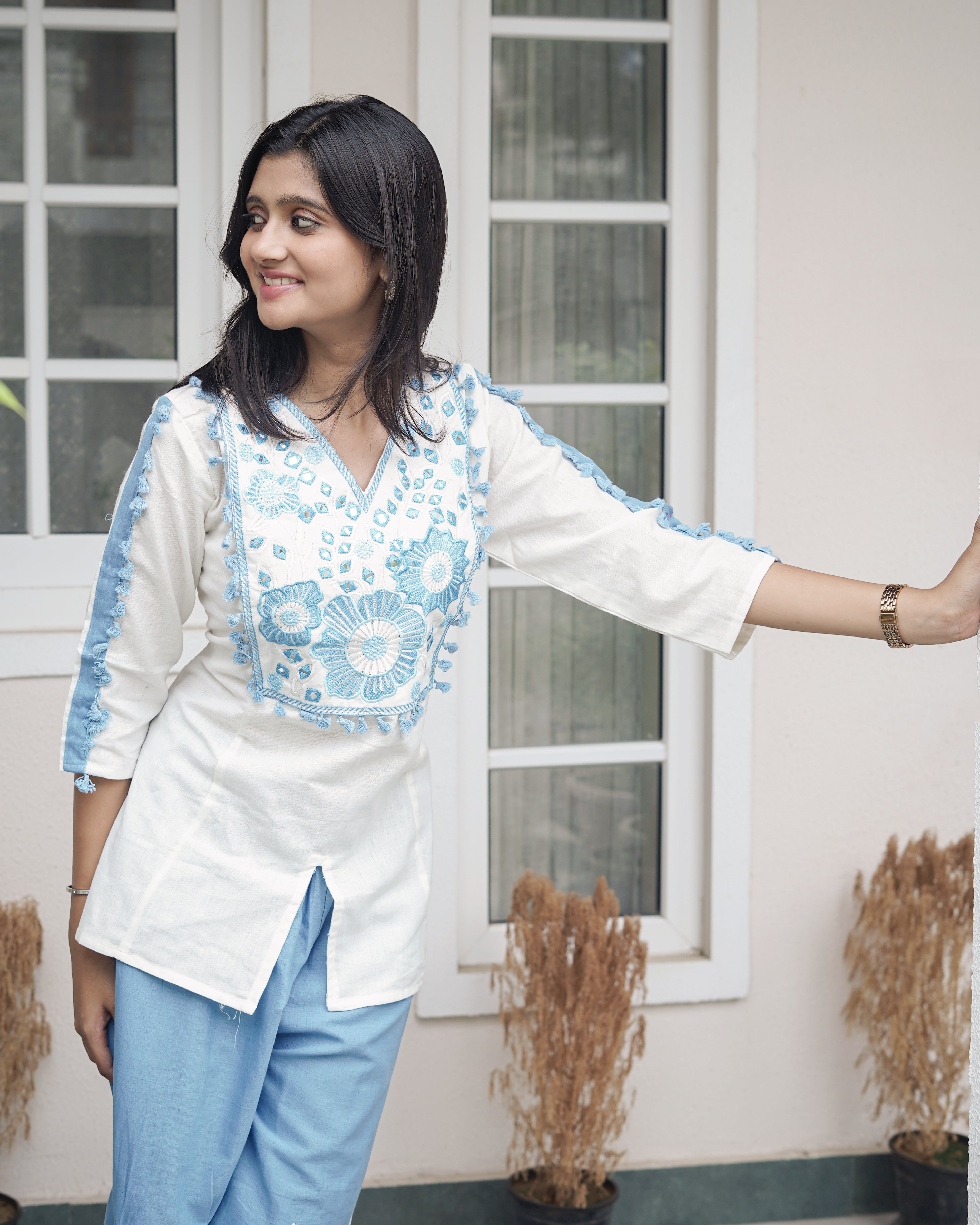White & Cerulean Blue Embroidered Cotton Co-Ord Set