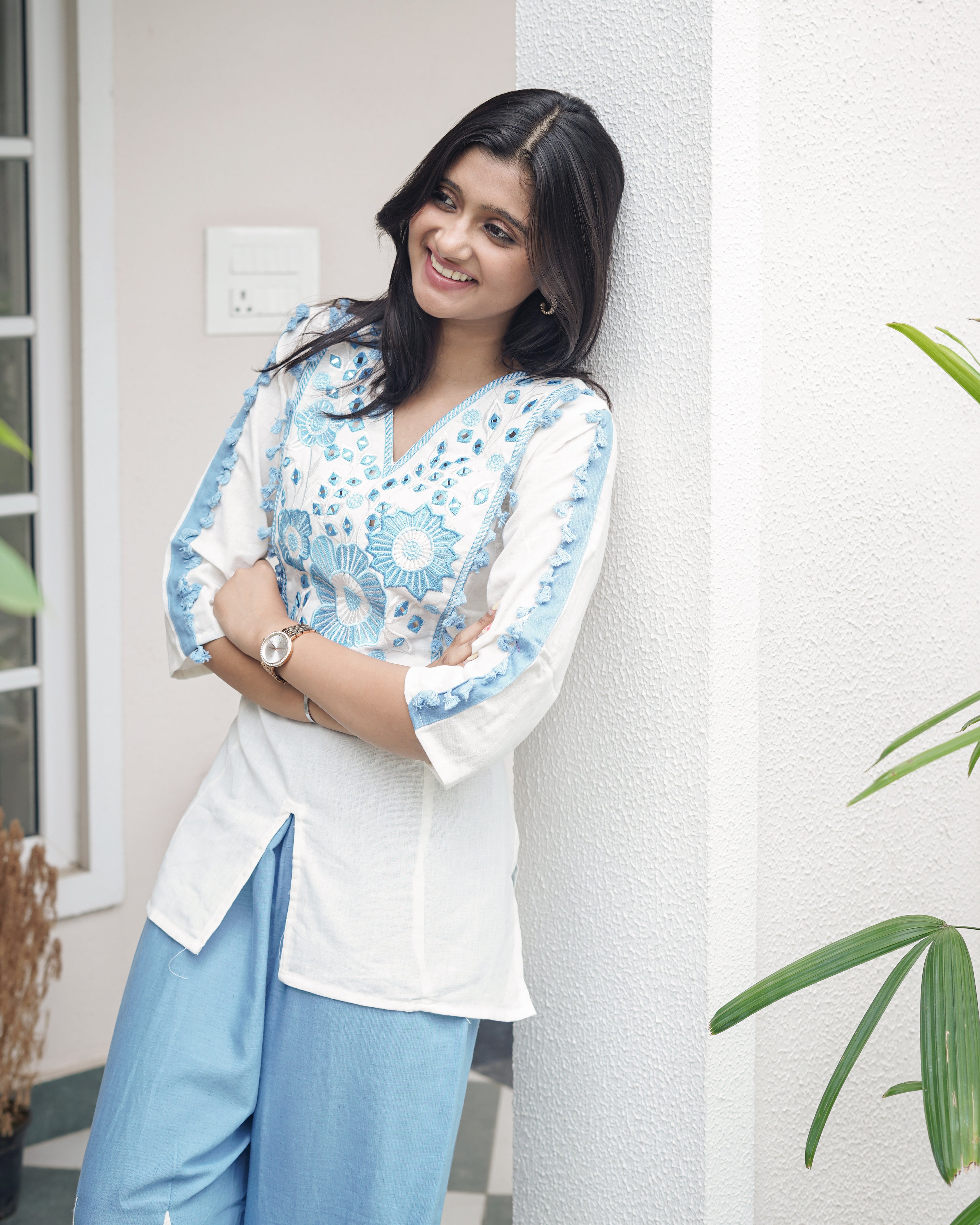 White & Cerulean Blue Embroidered Cotton Co-Ord Set