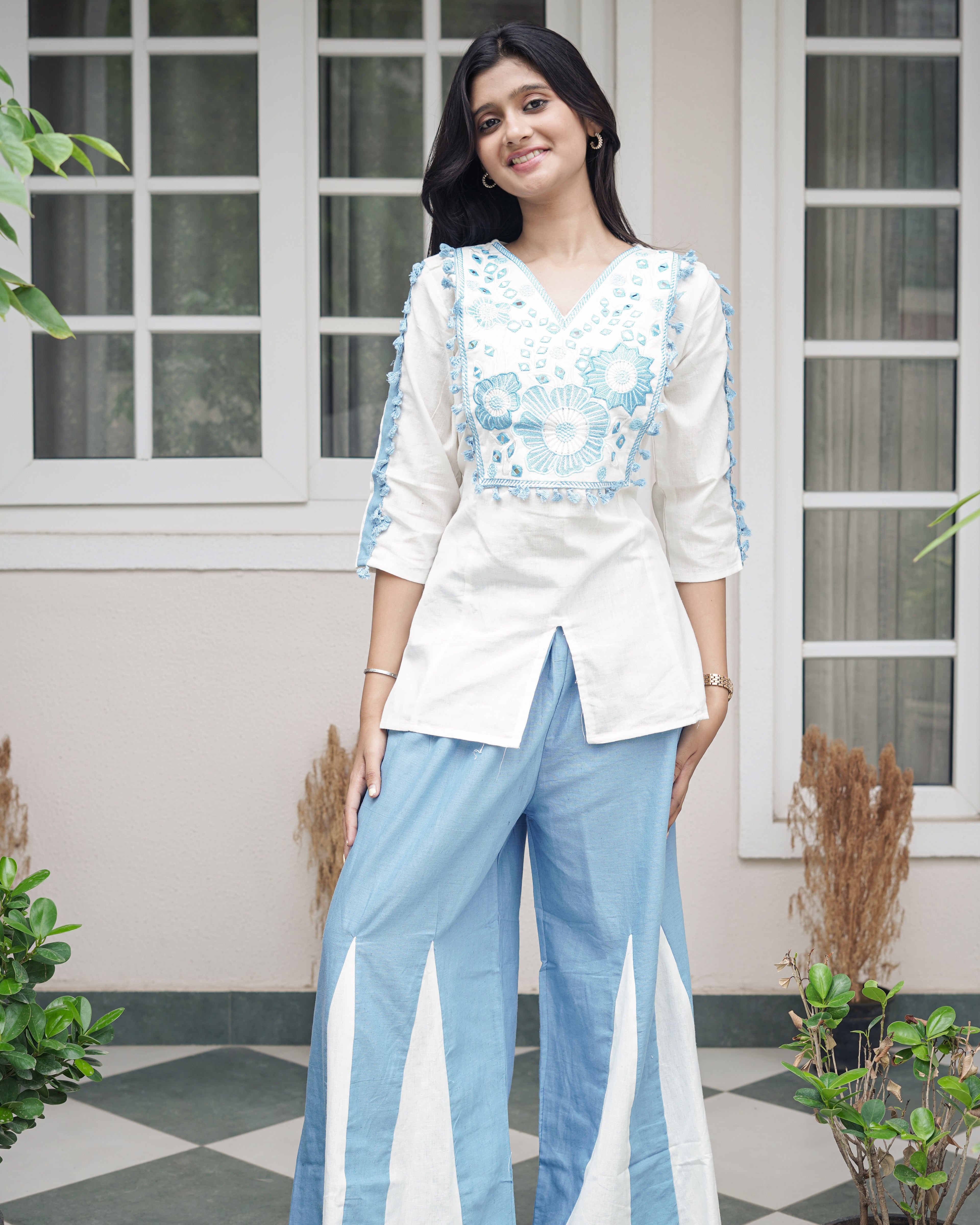 White & Cerulean Blue Embroidered Cotton Co-Ord Set