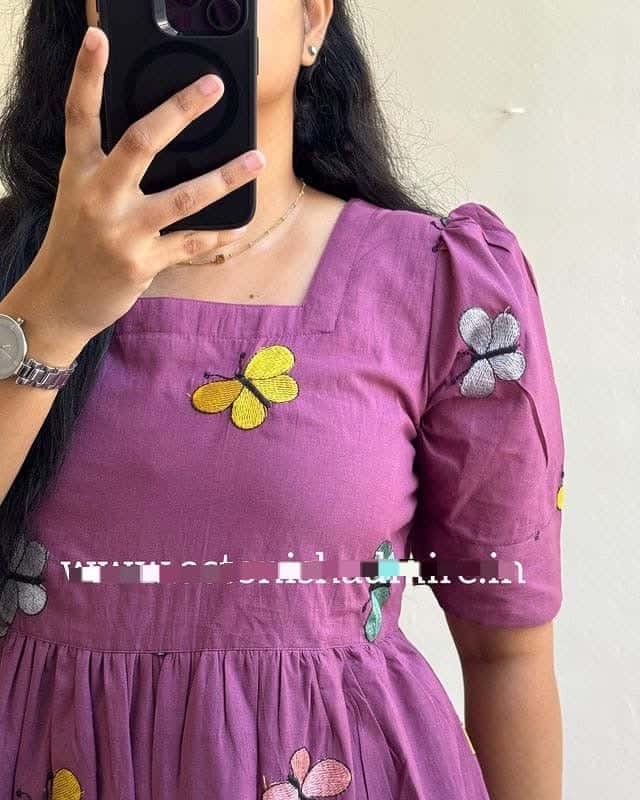 Purple embroidered butterfly Midi with stylish puff sleeves