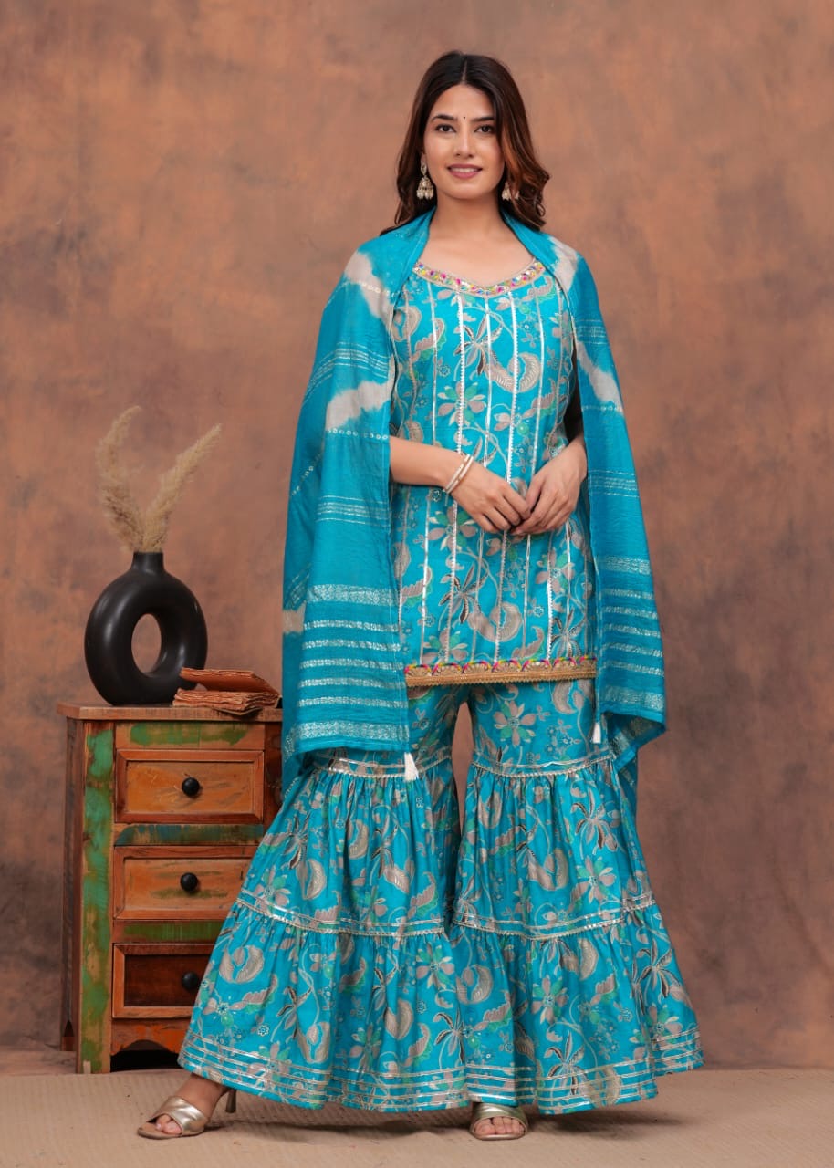 Beautiful umbrella style kurti with sharara and dupatta set