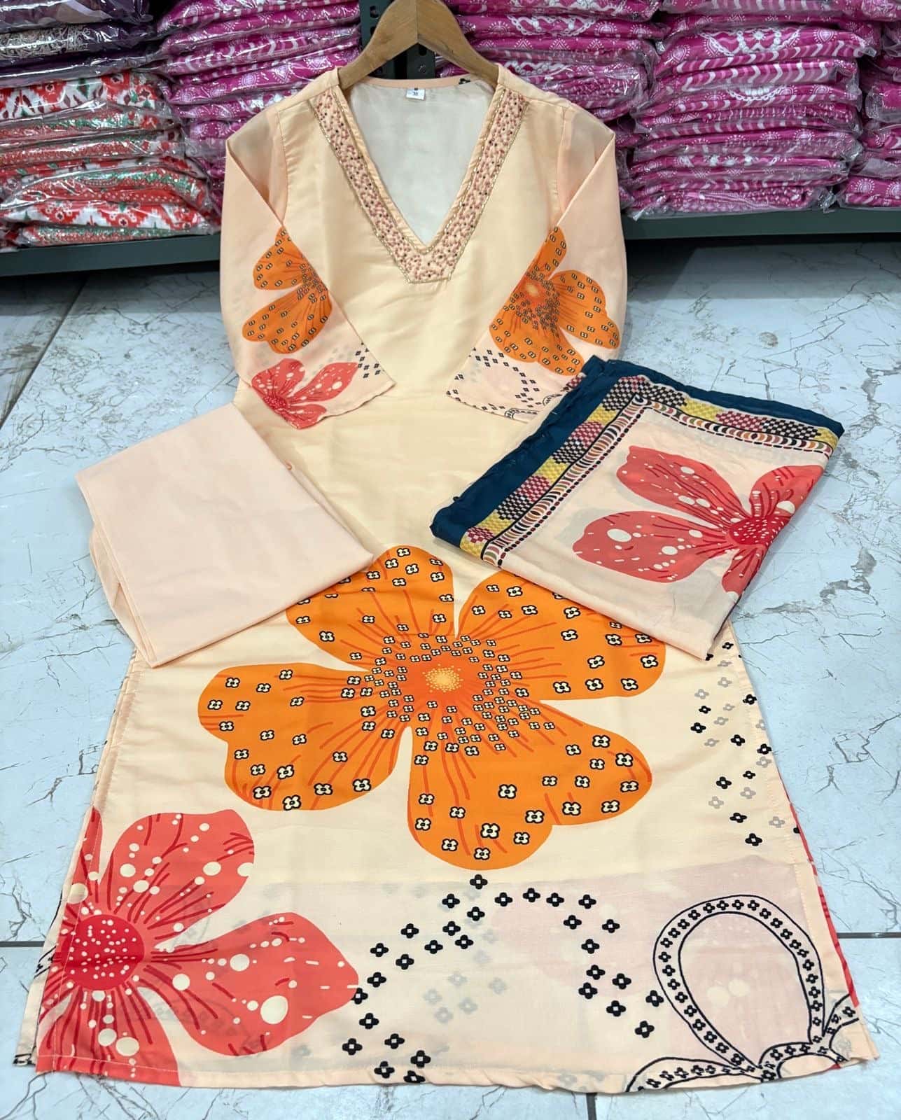 Elegant Pure Muslin Suit Set Beautifully Decorated With Beautiful Flower Print And Lace Detailing dupatta