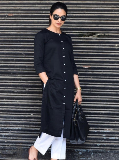 Formal Office Wear Black And White Jam Cotton Classy Kurta Set