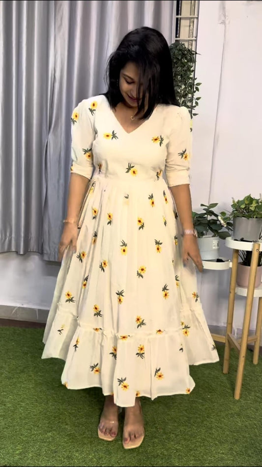 Flower Embroidered Middi With Stylish Puff Sleeves